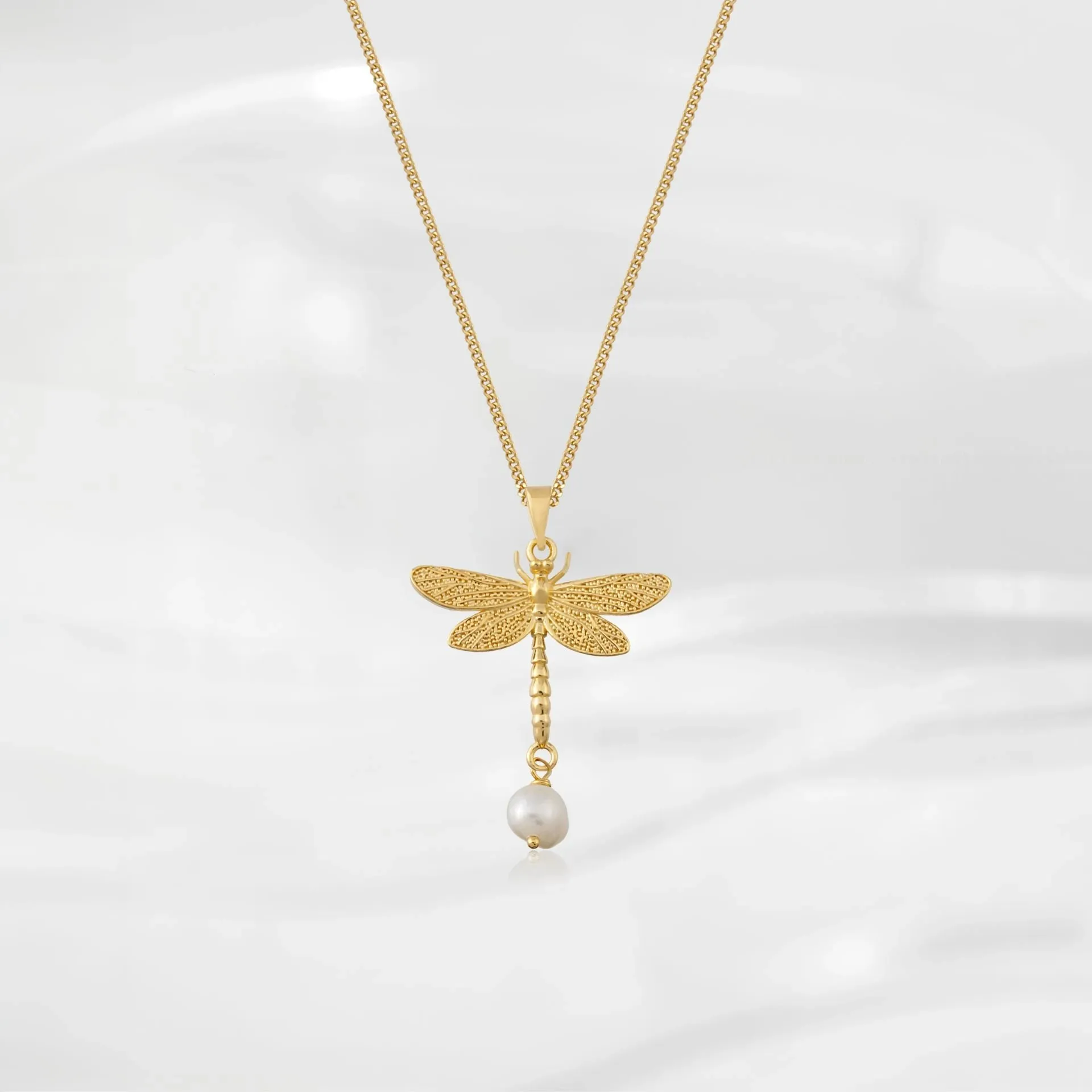 Dragonfly Pearl Handmade Gold-Plated Silver Necklace