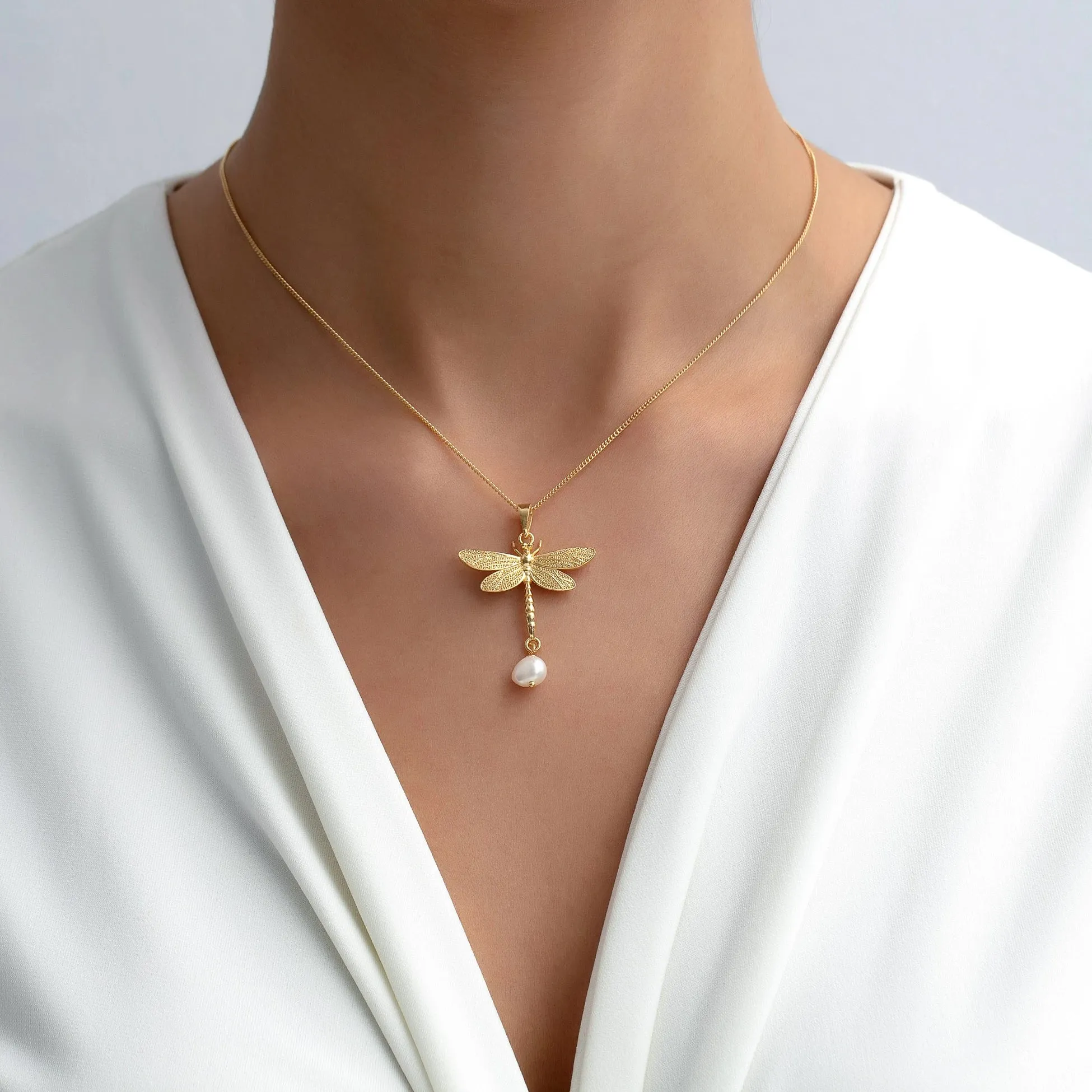 Dragonfly Pearl Handmade Gold-Plated Silver Necklace