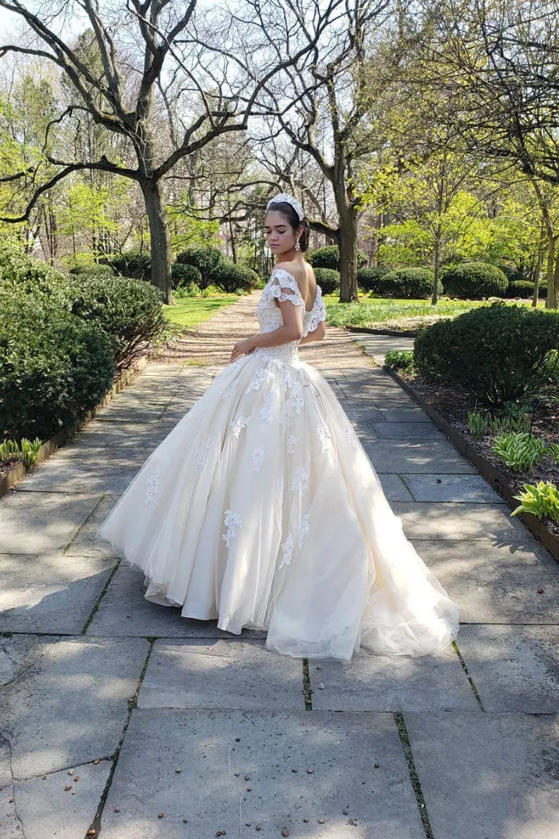Elegant tulle lace long prom dress, champagne sweet 16 dress