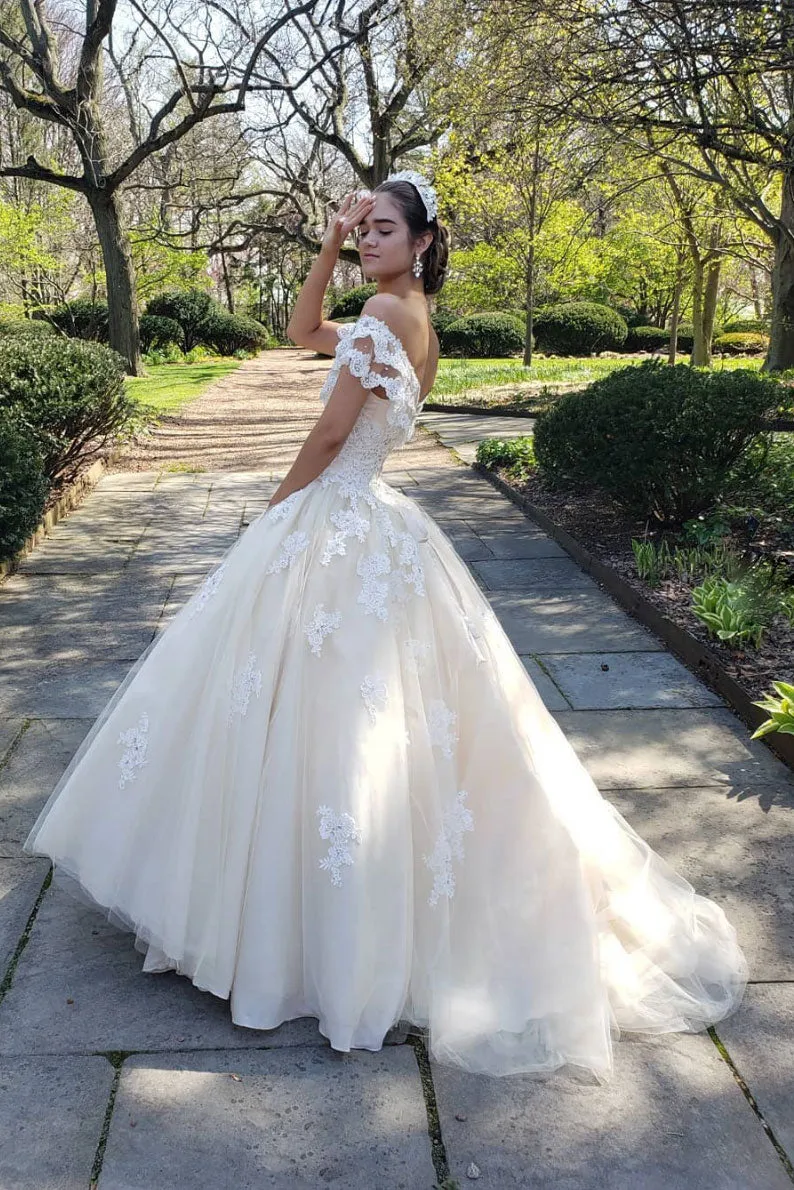 Elegant tulle lace long prom dress, champagne sweet 16 dress