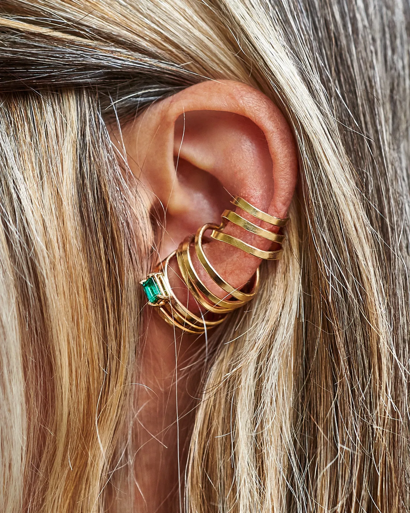 Emerald Hammered Gold Triple Ear Cuff