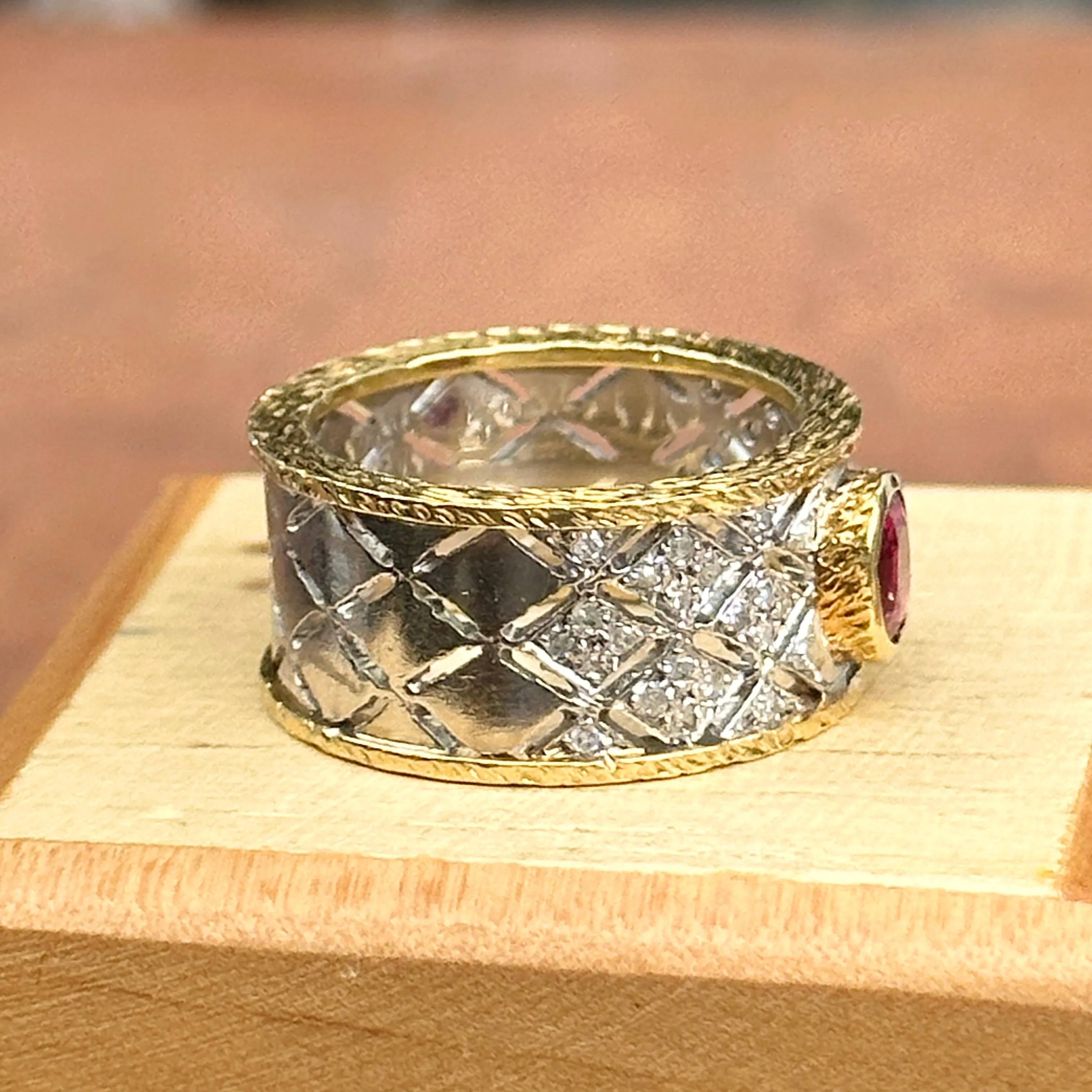 Estate 14KT White Gold   18KT Yellow Gold Byzantine Ruby   Diamond Band Ring