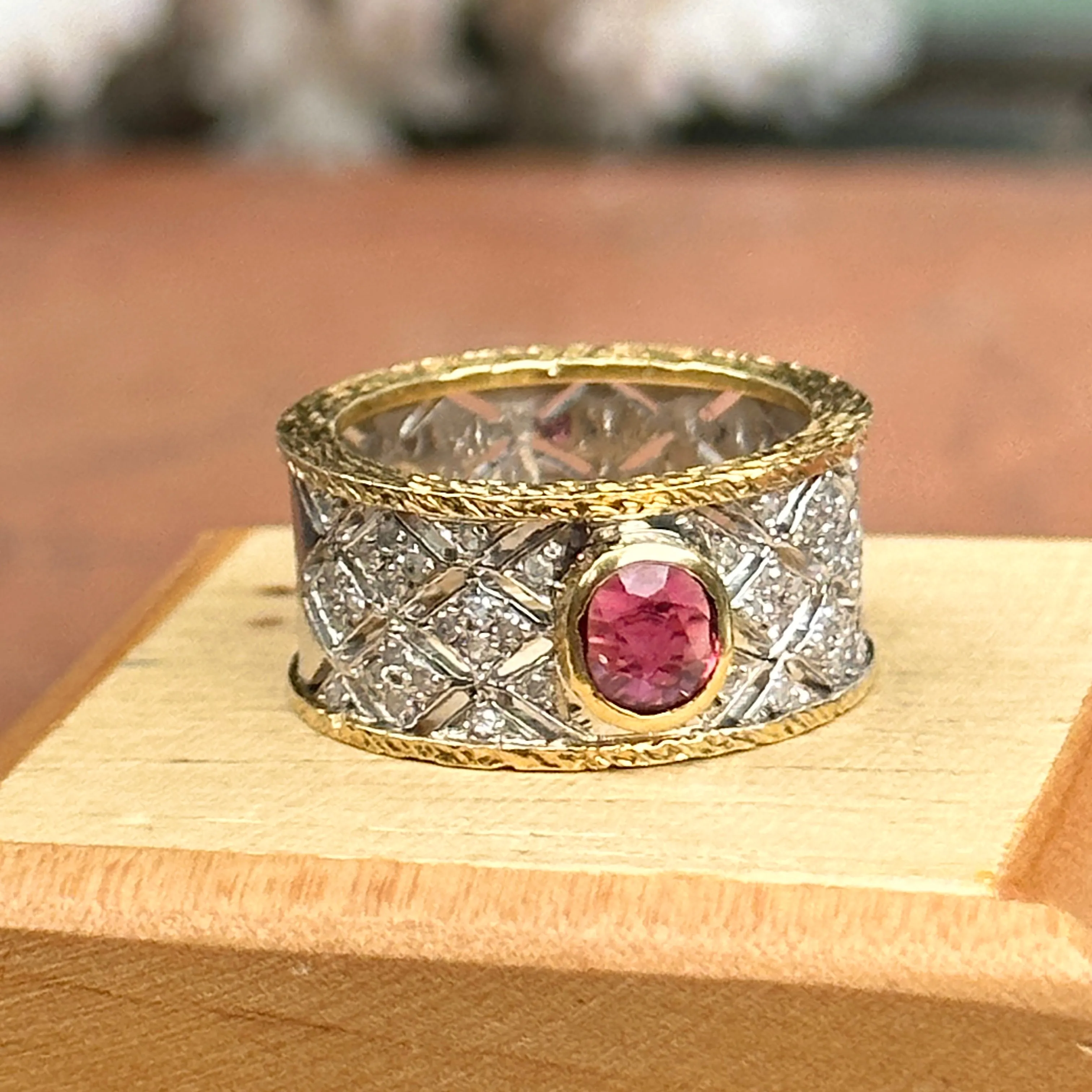 Estate 14KT White Gold   18KT Yellow Gold Byzantine Ruby   Diamond Band Ring