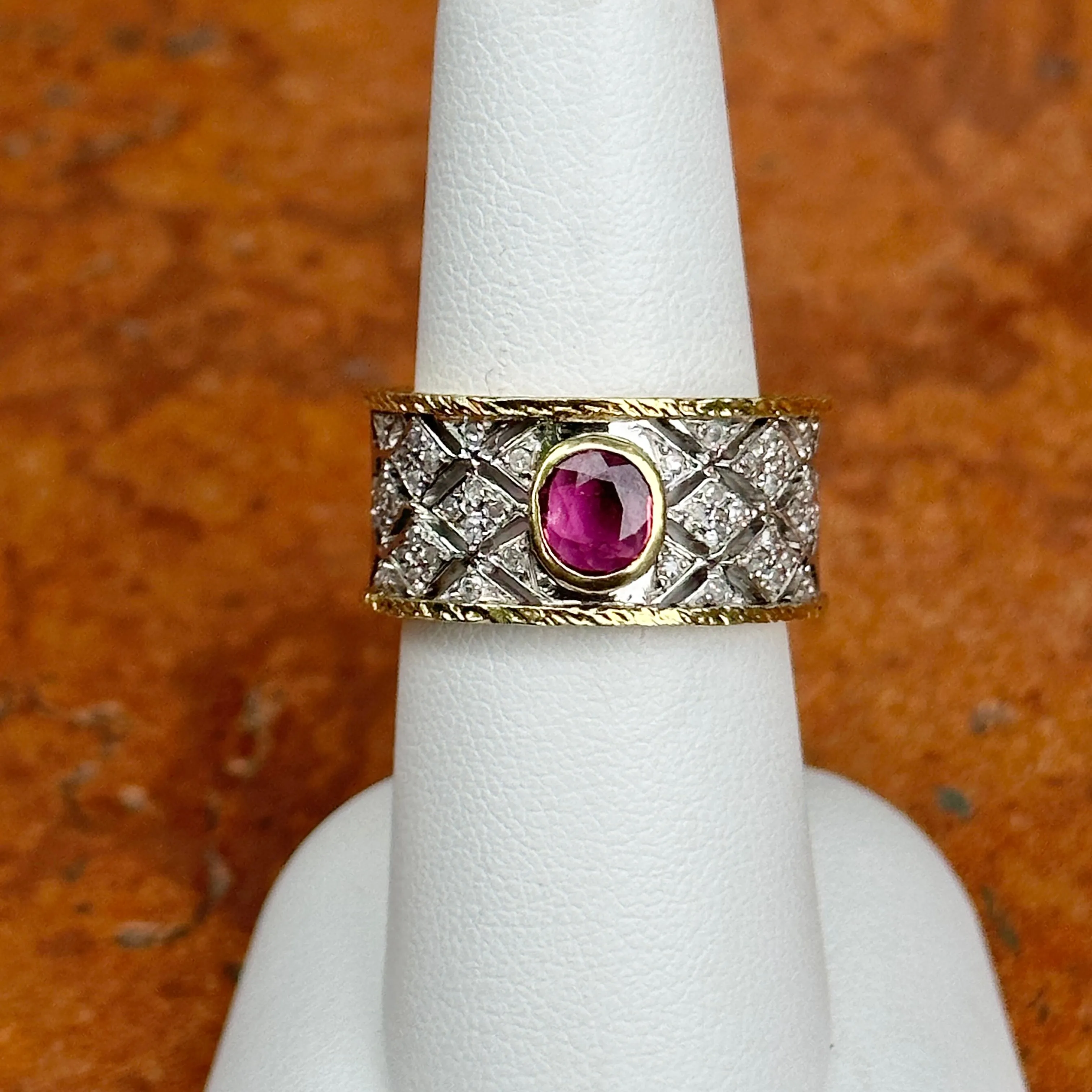 Estate 14KT White Gold   18KT Yellow Gold Byzantine Ruby   Diamond Band Ring