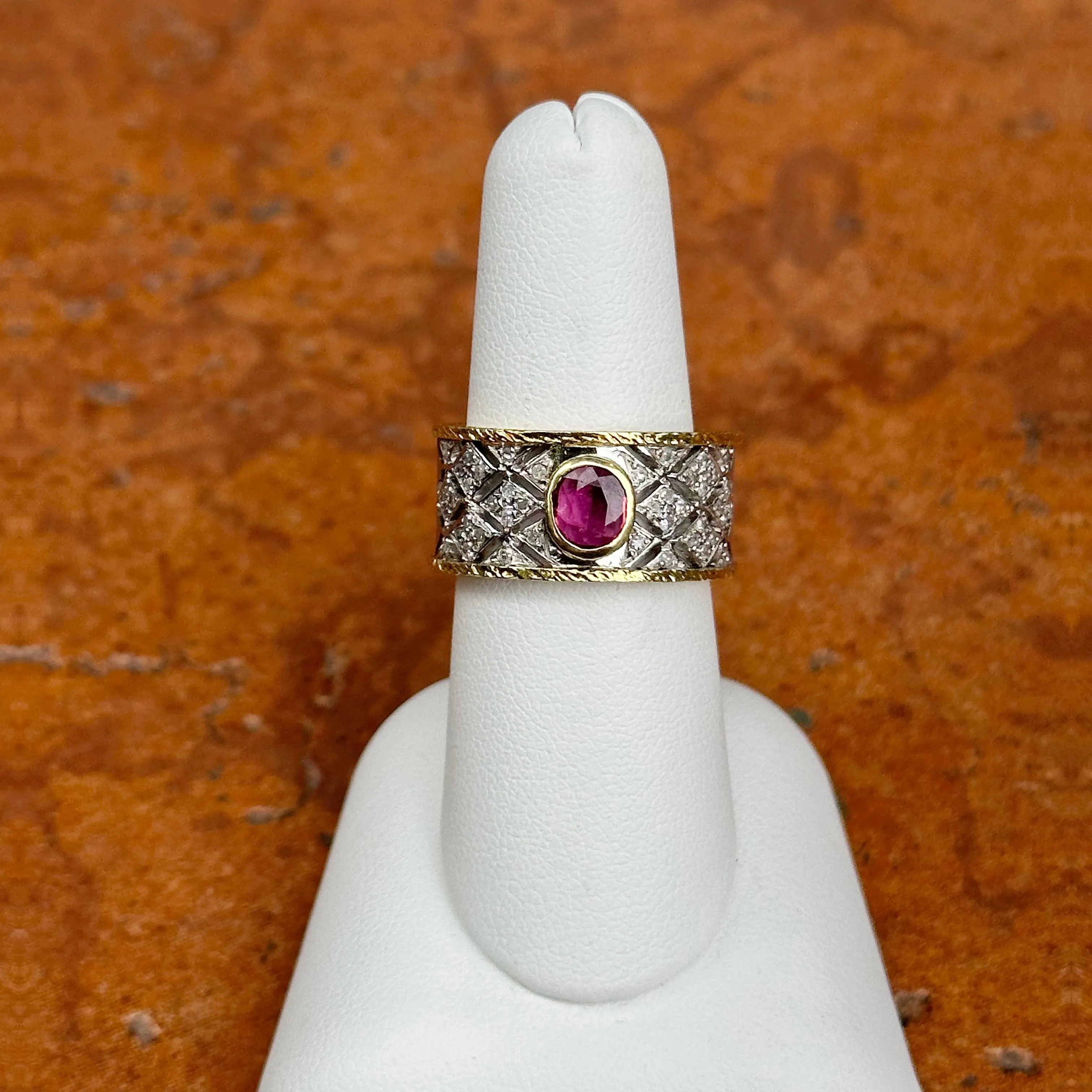 Estate 14KT White Gold   18KT Yellow Gold Byzantine Ruby   Diamond Band Ring