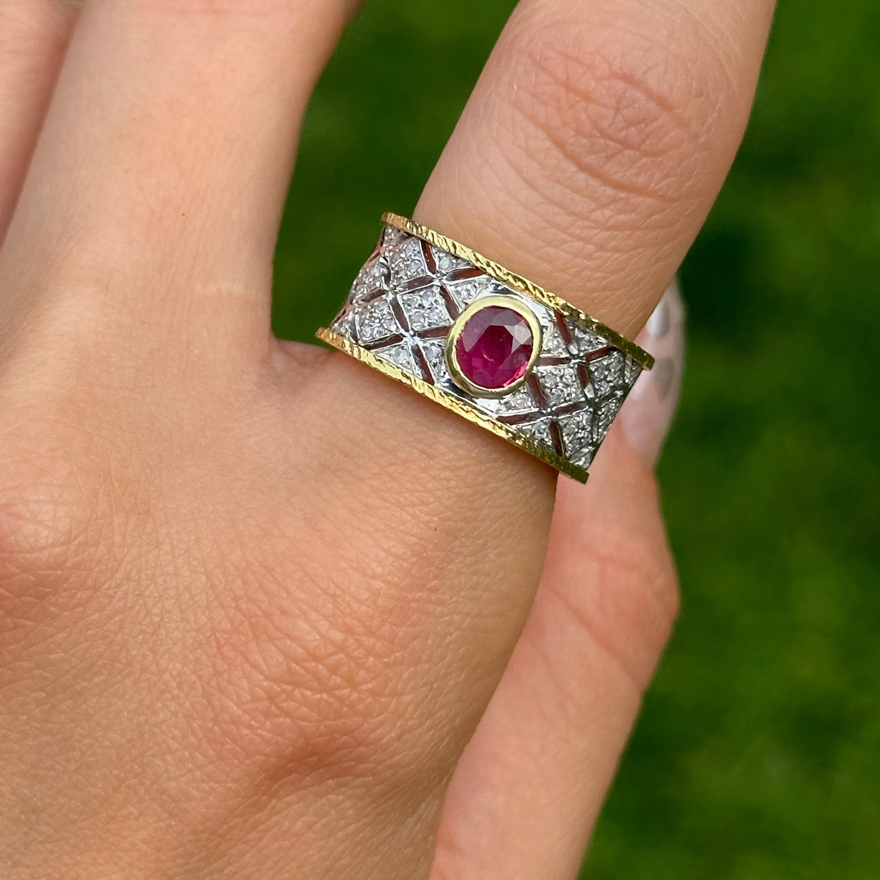 Estate 14KT White Gold   18KT Yellow Gold Byzantine Ruby   Diamond Band Ring