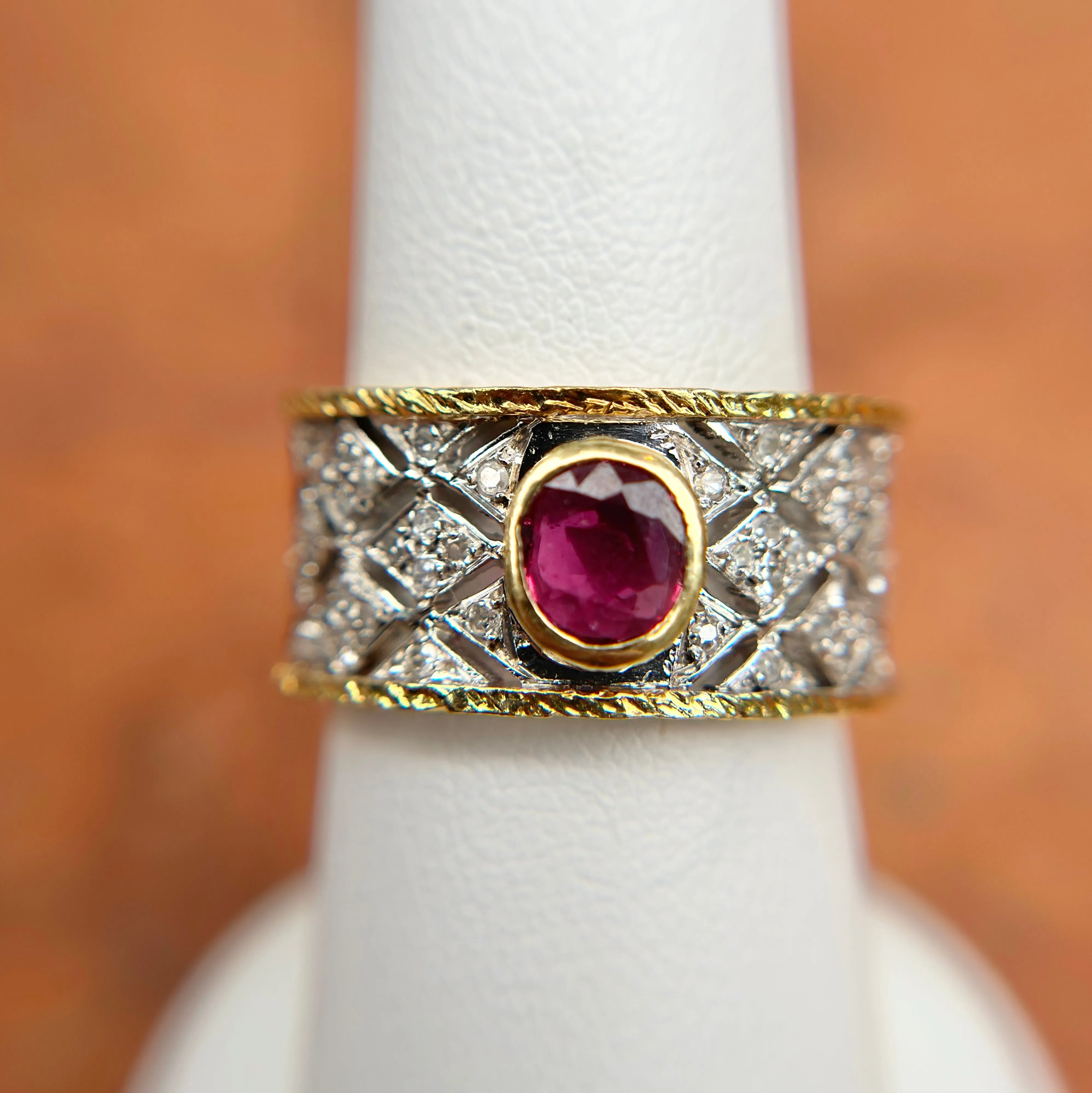 Estate 14KT White Gold   18KT Yellow Gold Byzantine Ruby   Diamond Band Ring