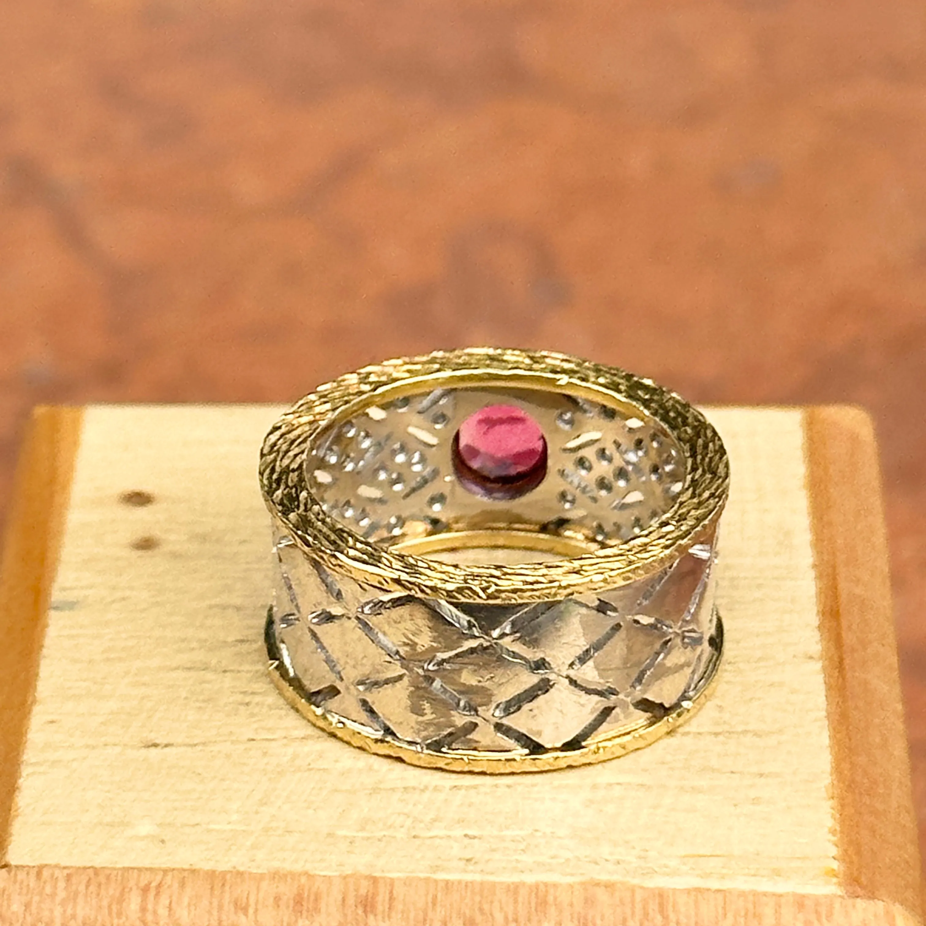 Estate 14KT White Gold   18KT Yellow Gold Byzantine Ruby   Diamond Band Ring