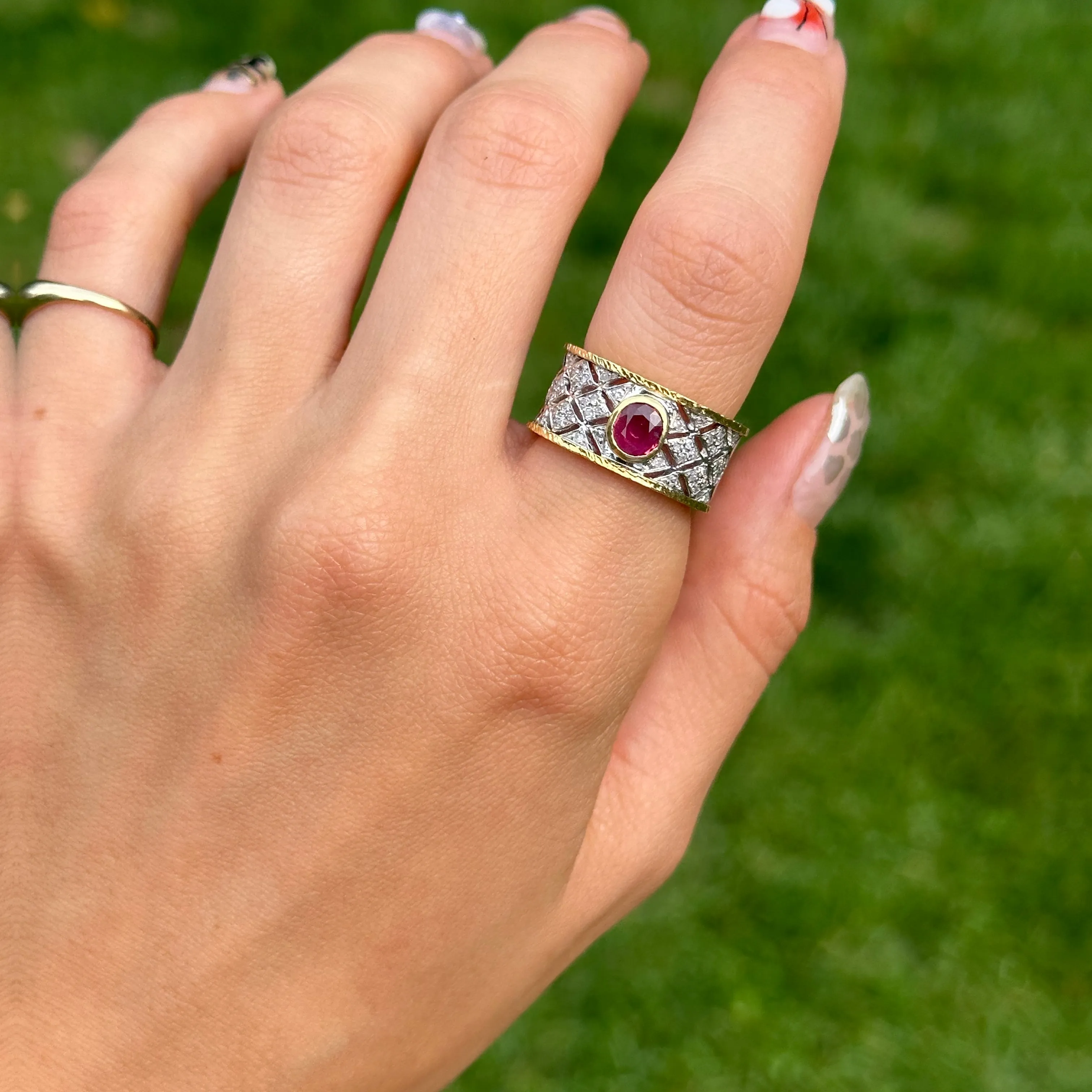 Estate 14KT White Gold   18KT Yellow Gold Byzantine Ruby   Diamond Band Ring