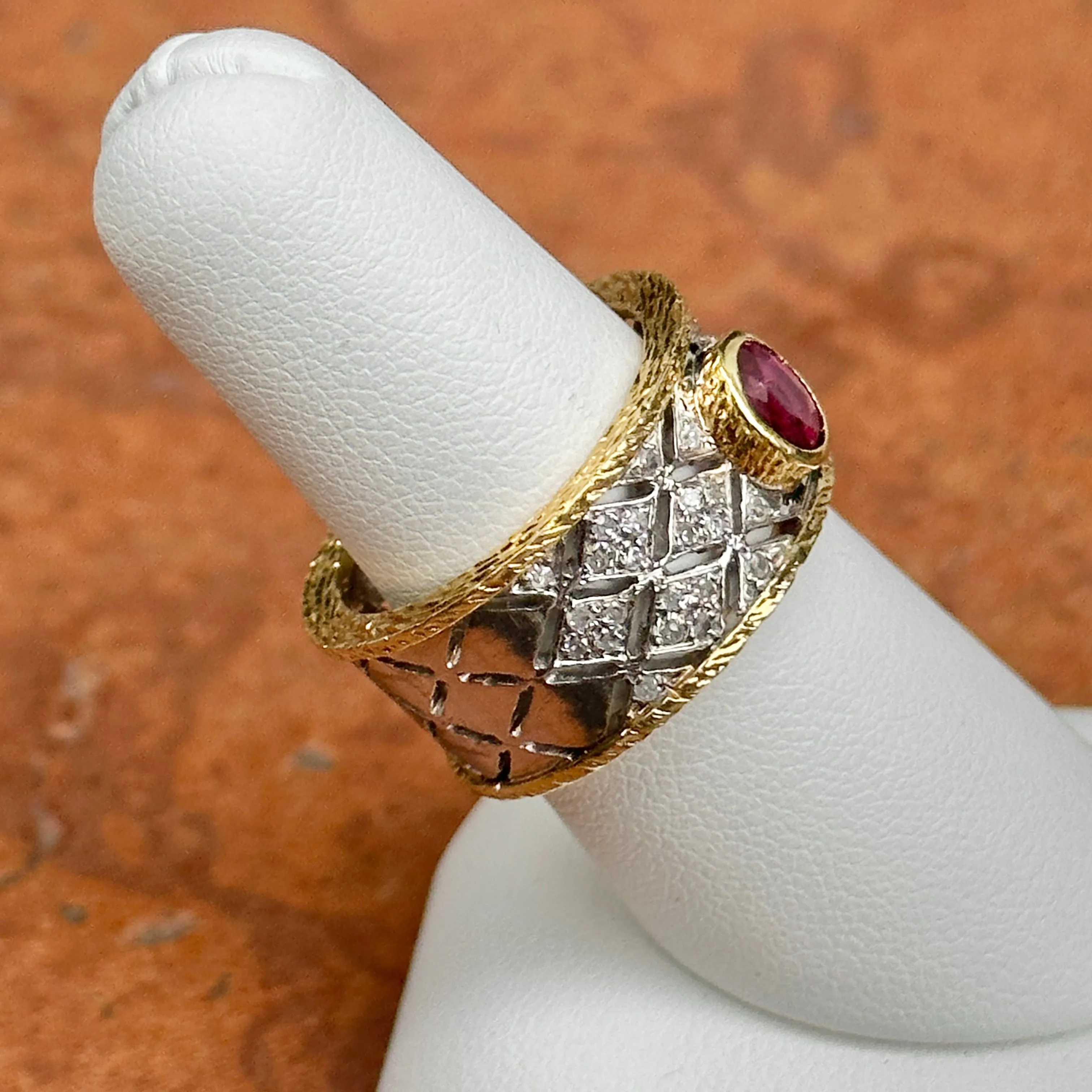 Estate 14KT White Gold   18KT Yellow Gold Byzantine Ruby   Diamond Band Ring
