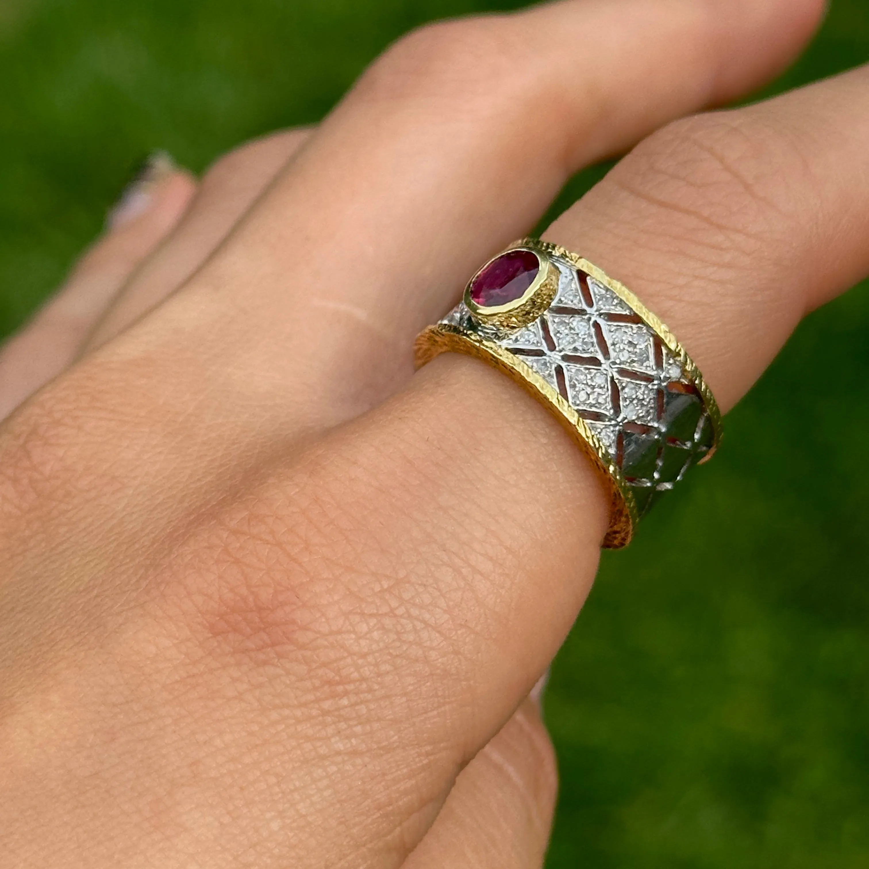 Estate 14KT White Gold   18KT Yellow Gold Byzantine Ruby   Diamond Band Ring