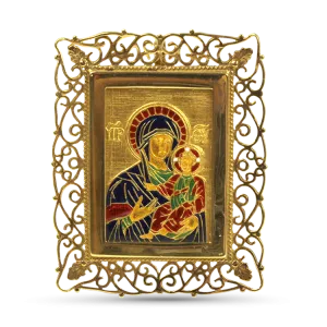 Estate 18k Yellow Madonna & Child Enamel Pendant / Picture