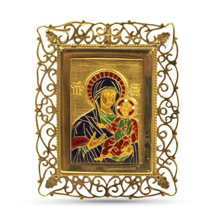 Estate 18k Yellow Madonna & Child Enamel Pendant / Picture