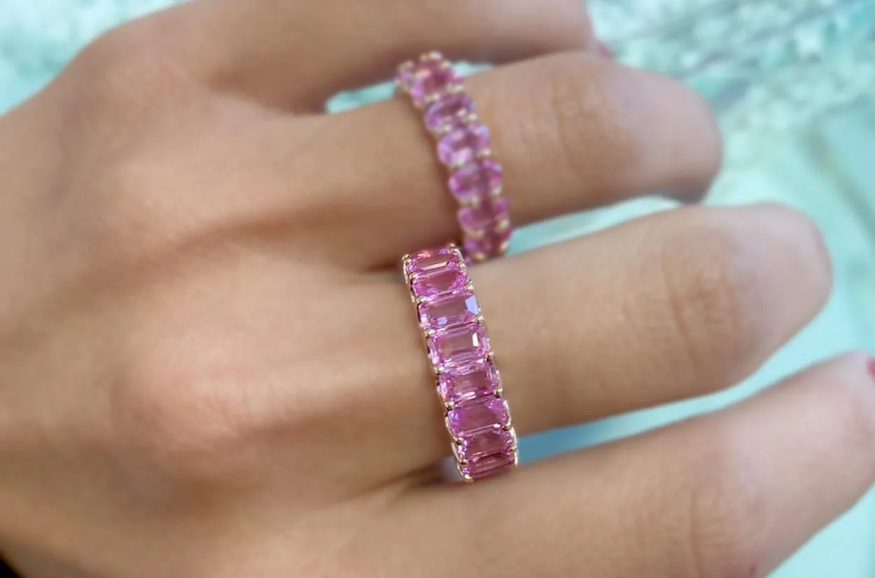 Eternity Ring 6.62cts Emerald Cut Pink Sapphires & 18kt Rose Gold