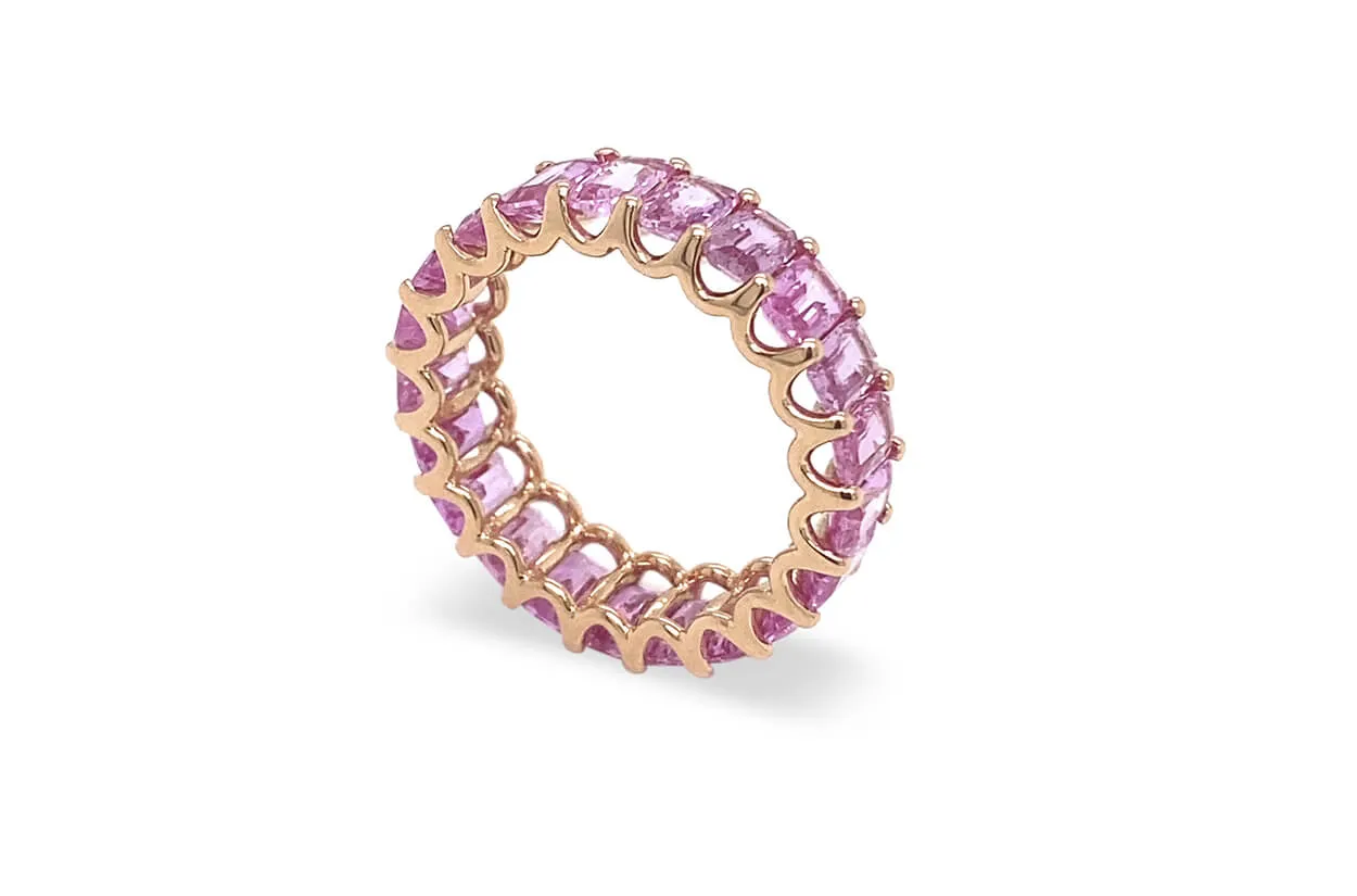 Eternity Ring 6.62cts Emerald Cut Pink Sapphires & 18kt Rose Gold