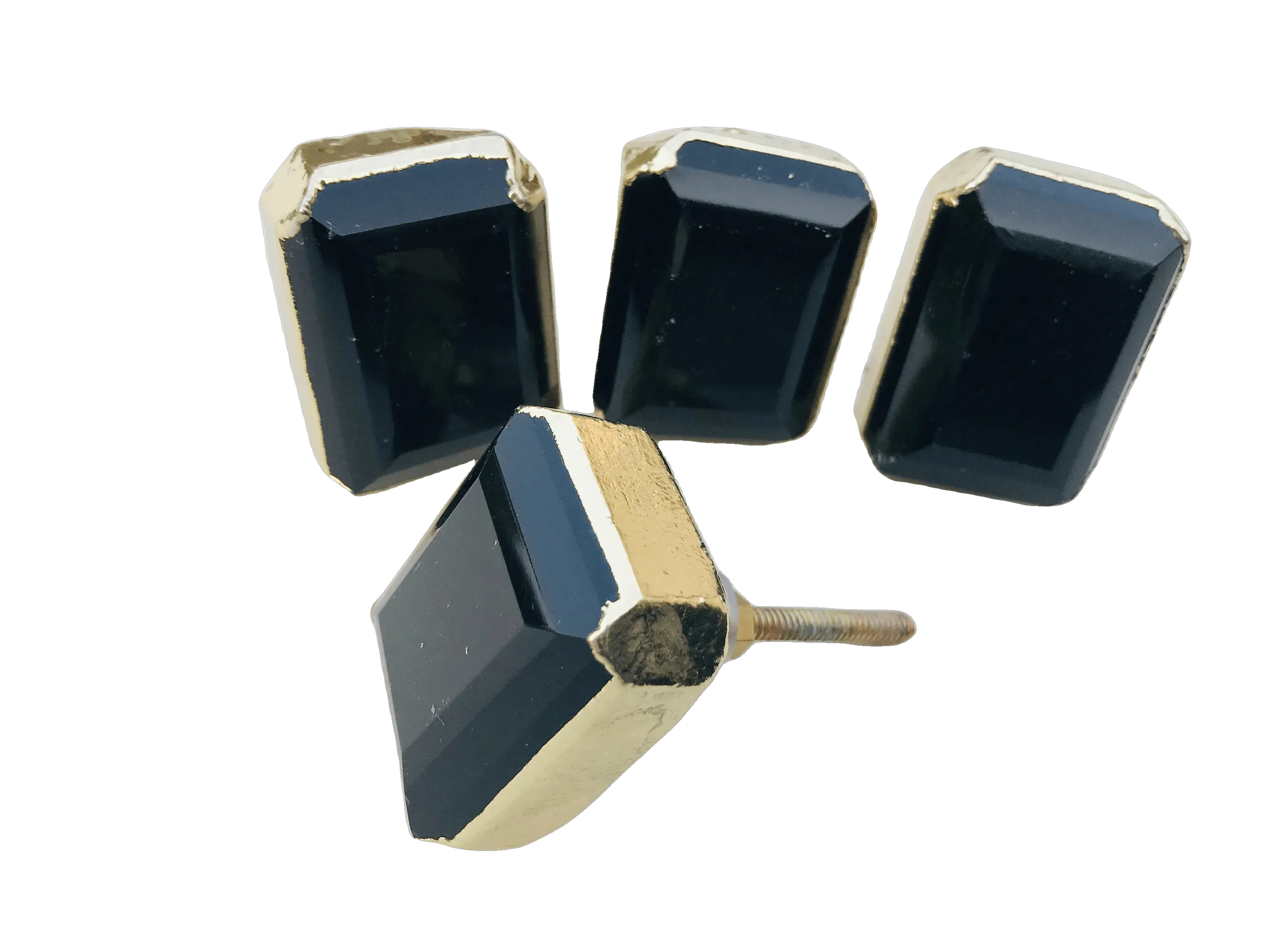 Faceted Black Obsidian Quartz Cabinet Door Pull Handle - Set of 4