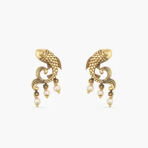 Fish and Pearl Oxidized Drop Earrings