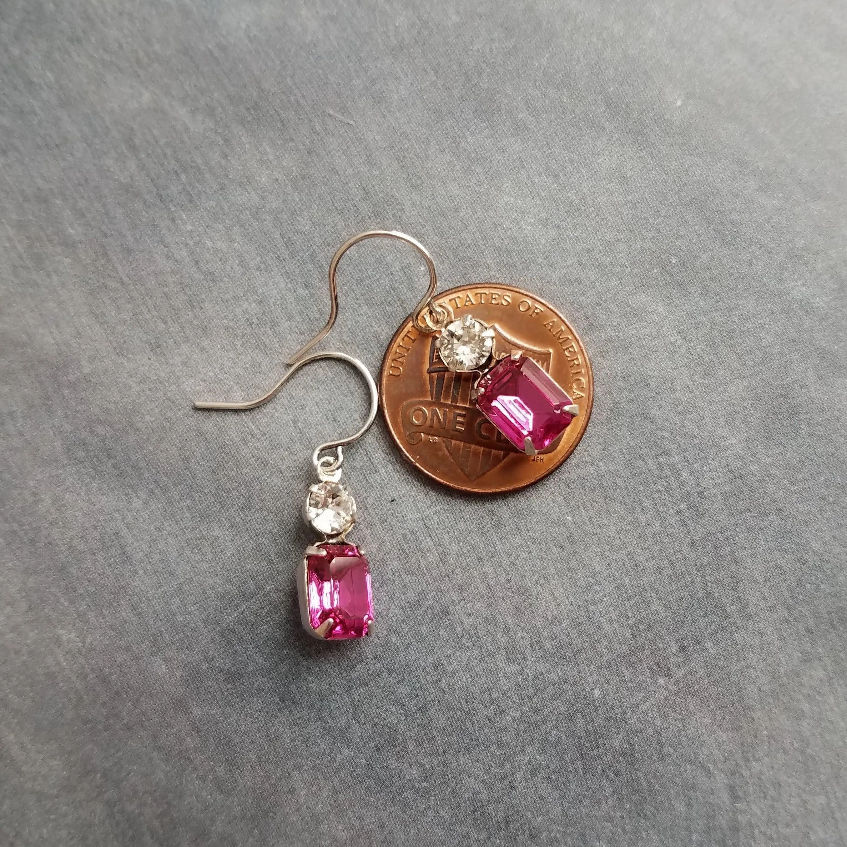 Fuchsia Crystal Earrings, hot pink earring, pink purple earring, rectangle stone earring crystal dangle earring small silver vintage earring