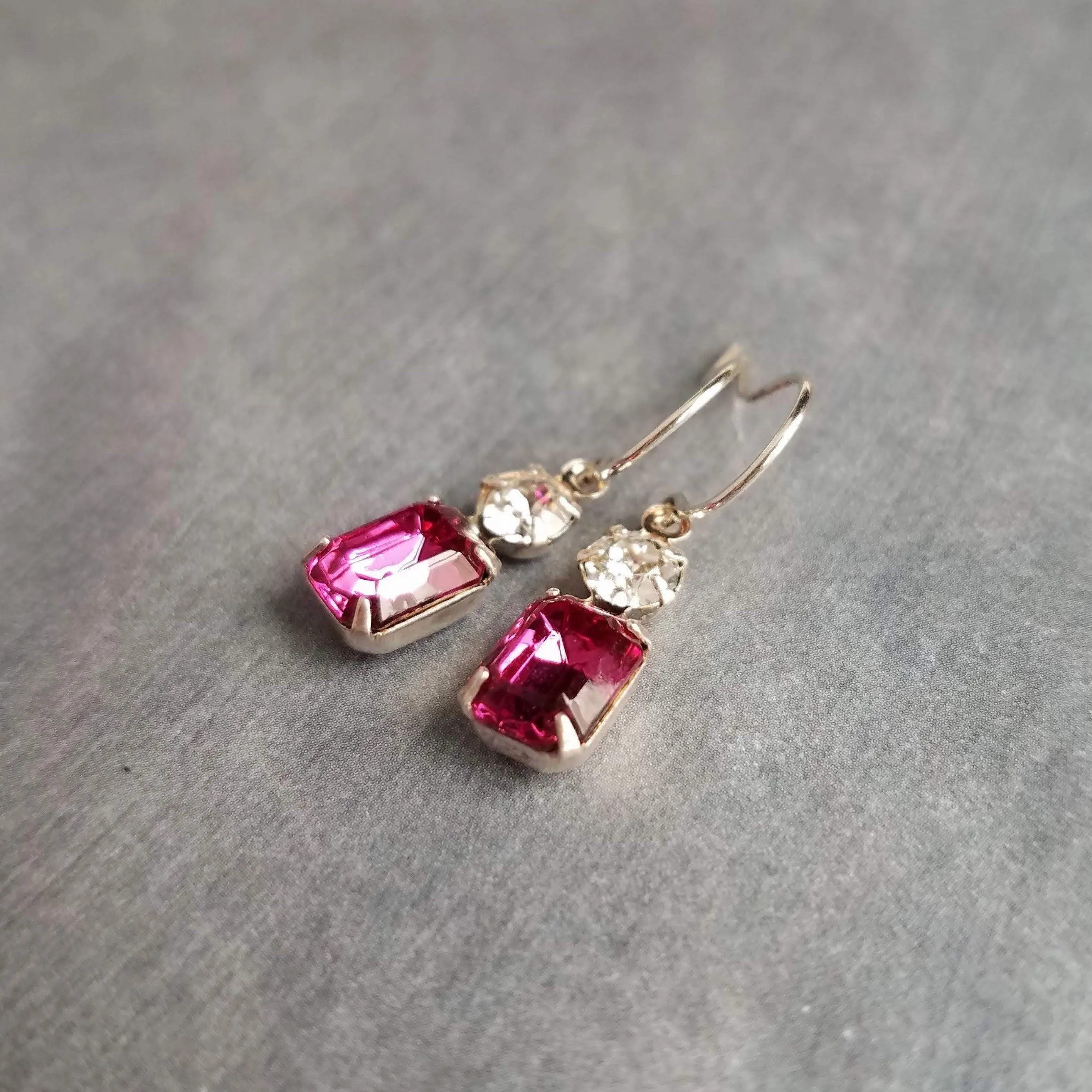 Fuchsia Crystal Earrings, hot pink earring, pink purple earring, rectangle stone earring crystal dangle earring small silver vintage earring