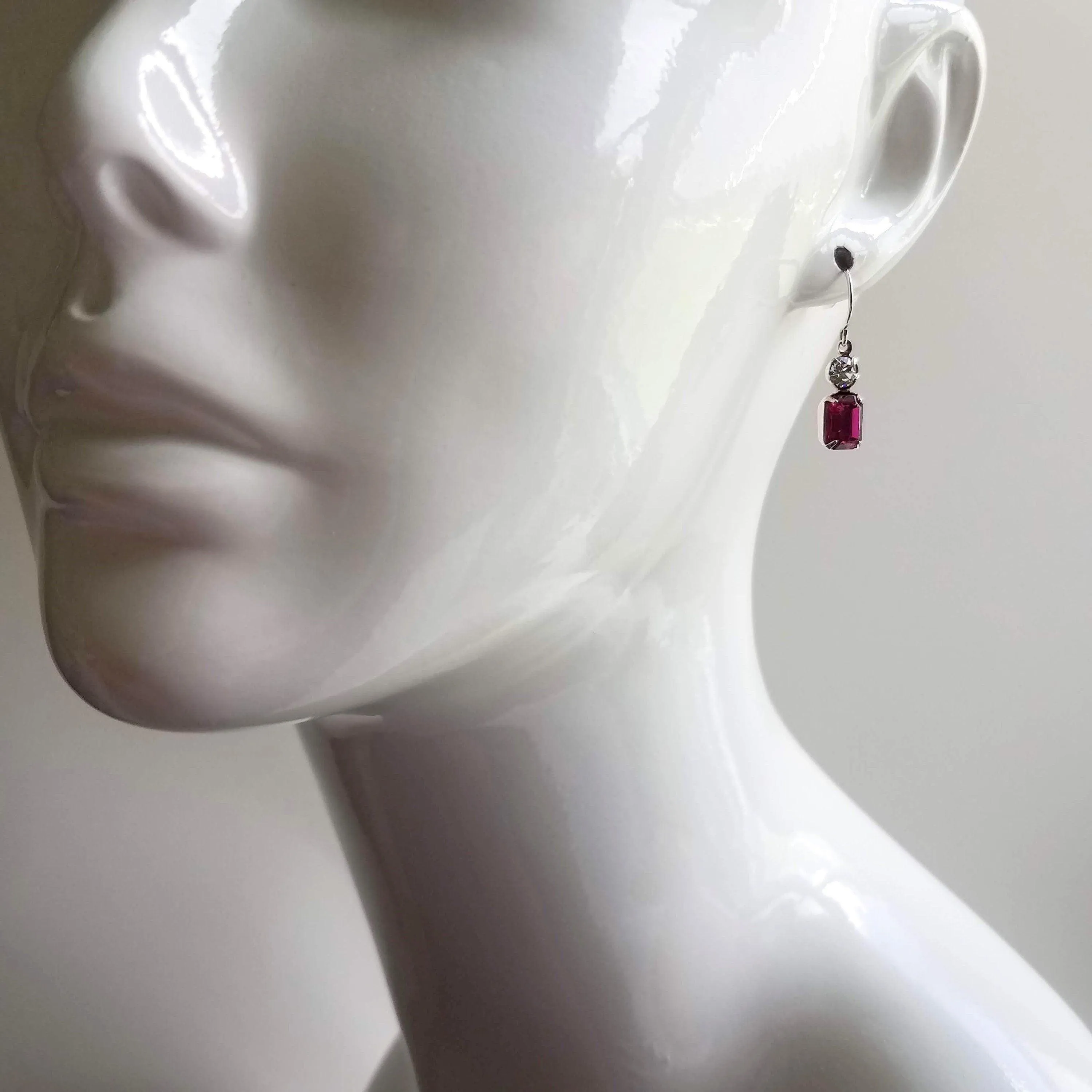 Fuchsia Crystal Earrings, hot pink earring, pink purple earring, rectangle stone earring crystal dangle earring small silver vintage earring