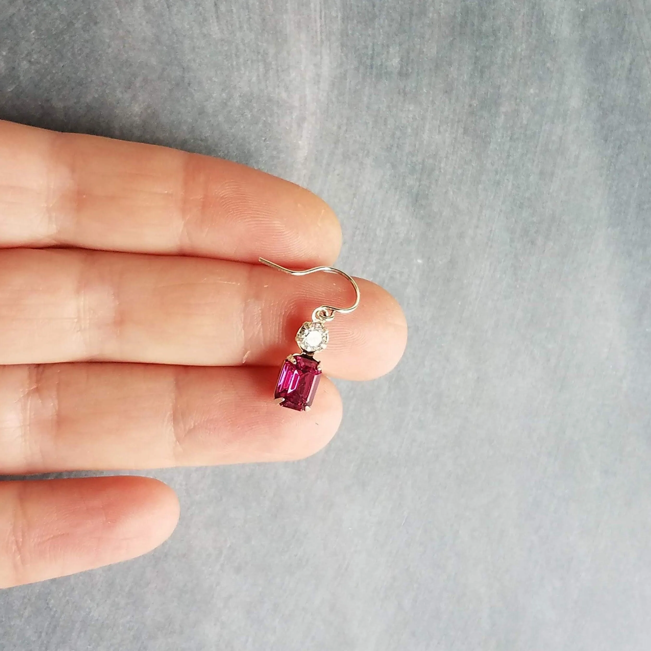 Fuchsia Crystal Earrings, hot pink earring, pink purple earring, rectangle stone earring crystal dangle earring small silver vintage earring