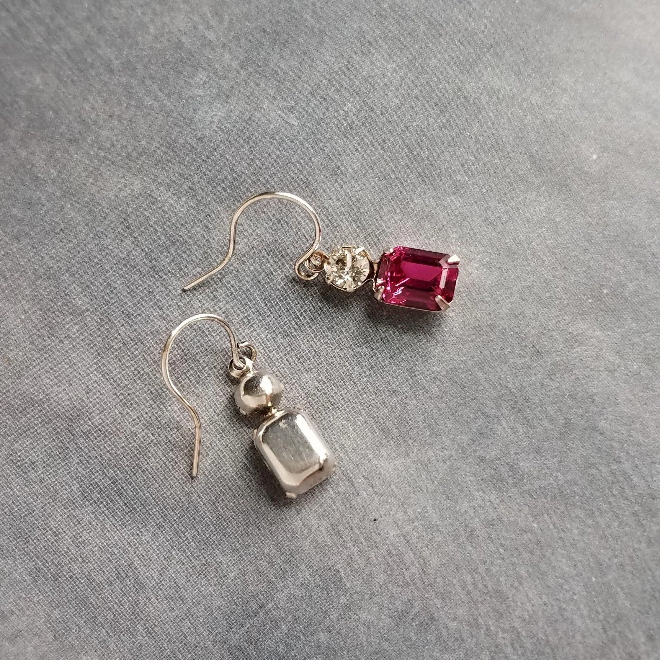 Fuchsia Crystal Earrings, hot pink earring, pink purple earring, rectangle stone earring crystal dangle earring small silver vintage earring