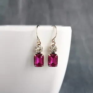 Fuchsia Crystal Earrings, hot pink earring, pink purple earring, rectangle stone earring crystal dangle earring small silver vintage earring