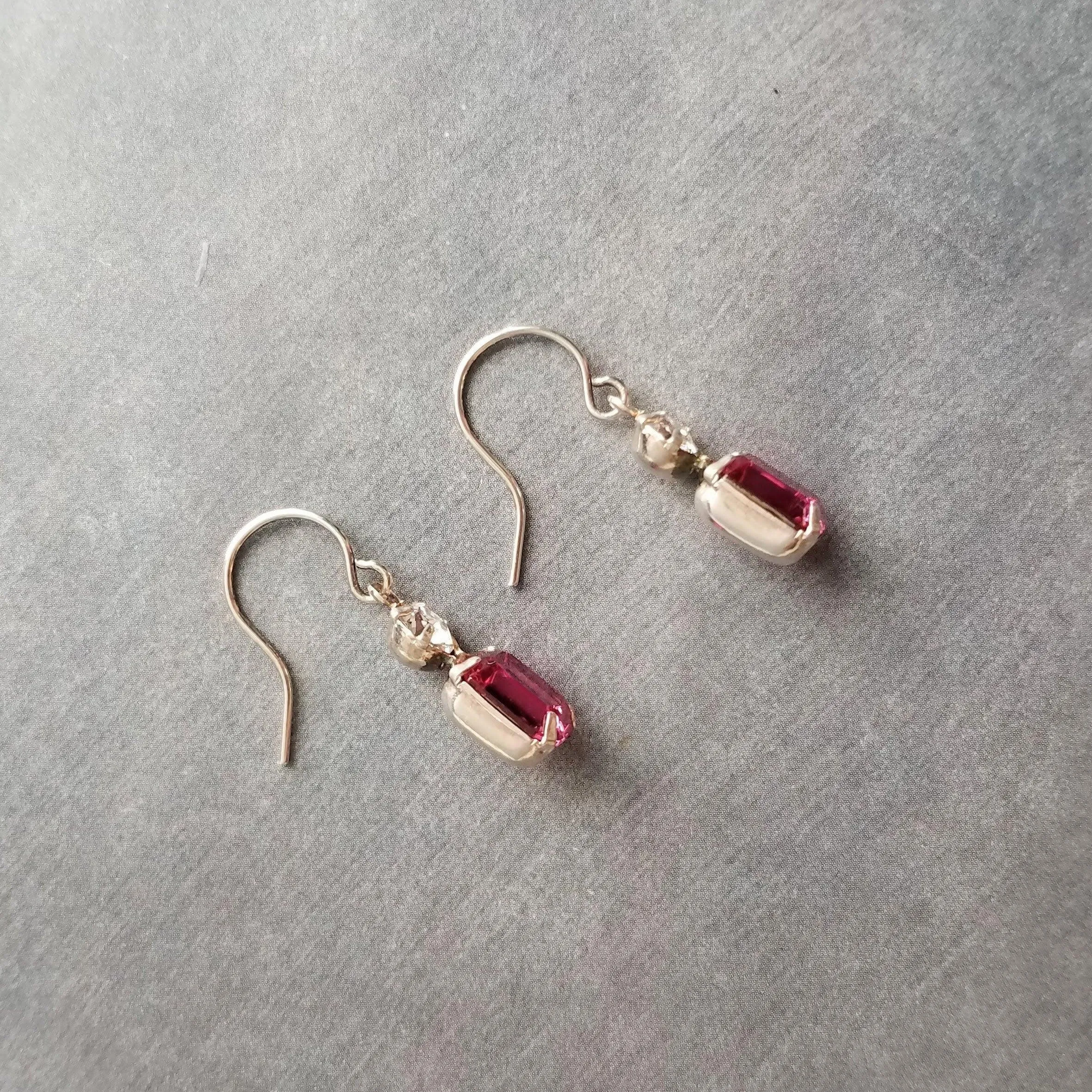 Fuchsia Crystal Earrings, hot pink earring, pink purple earring, rectangle stone earring crystal dangle earring small silver vintage earring