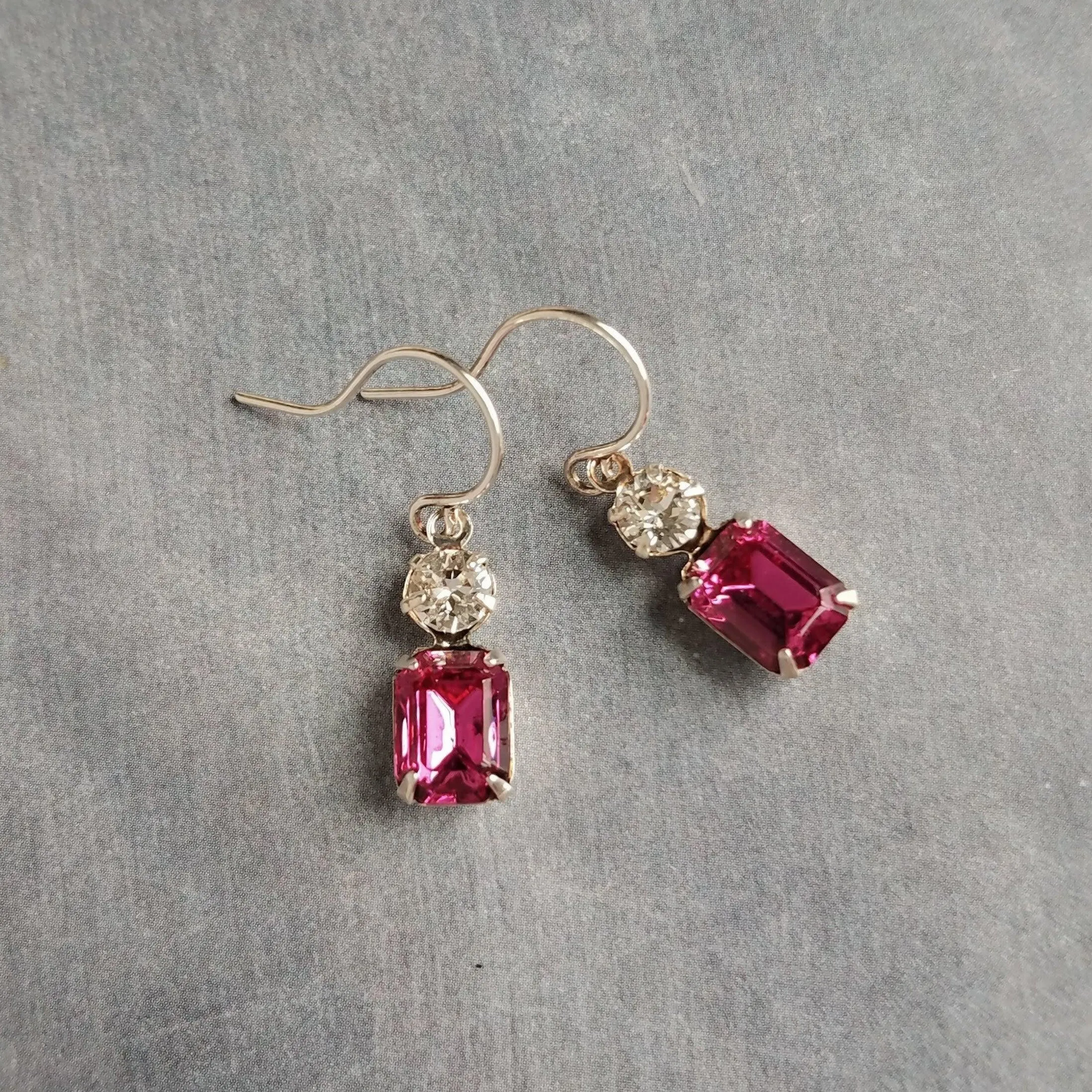 Fuchsia Crystal Earrings, hot pink earring, pink purple earring, rectangle stone earring crystal dangle earring small silver vintage earring