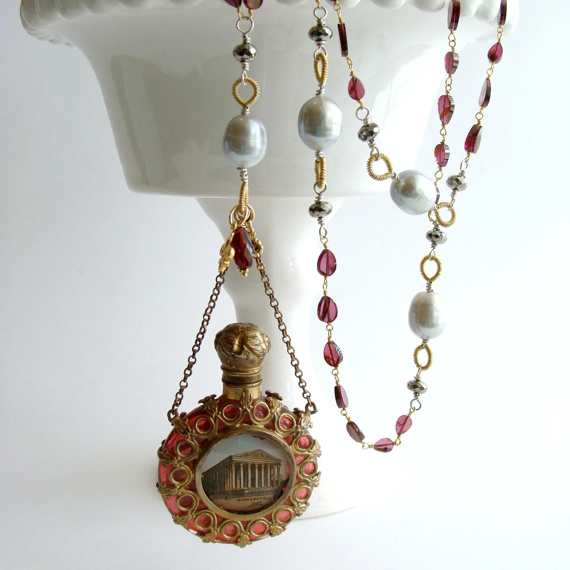 Garnet White Pyrite Baroque Gray Pearls Parisian Grand Tour Cranberry Glass Chatelaine Scent Bottle Necklace - Madeleine Necklace