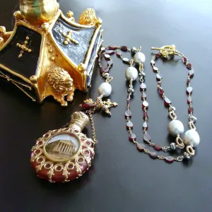 Garnet White Pyrite Baroque Gray Pearls Parisian Grand Tour Cranberry Glass Chatelaine Scent Bottle Necklace - Madeleine Necklace