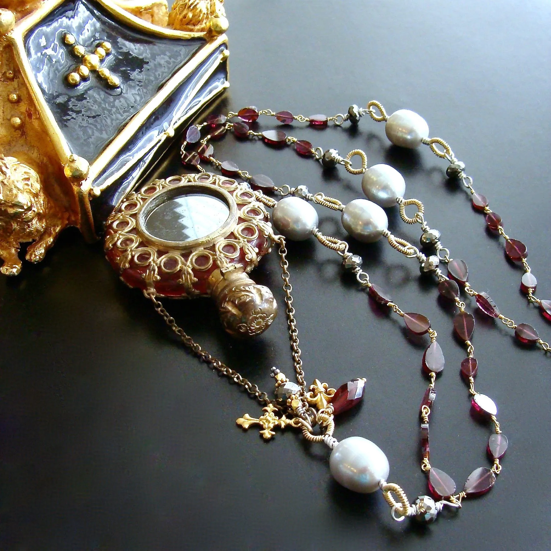Garnet White Pyrite Baroque Gray Pearls Parisian Grand Tour Cranberry Glass Chatelaine Scent Bottle Necklace - Madeleine Necklace