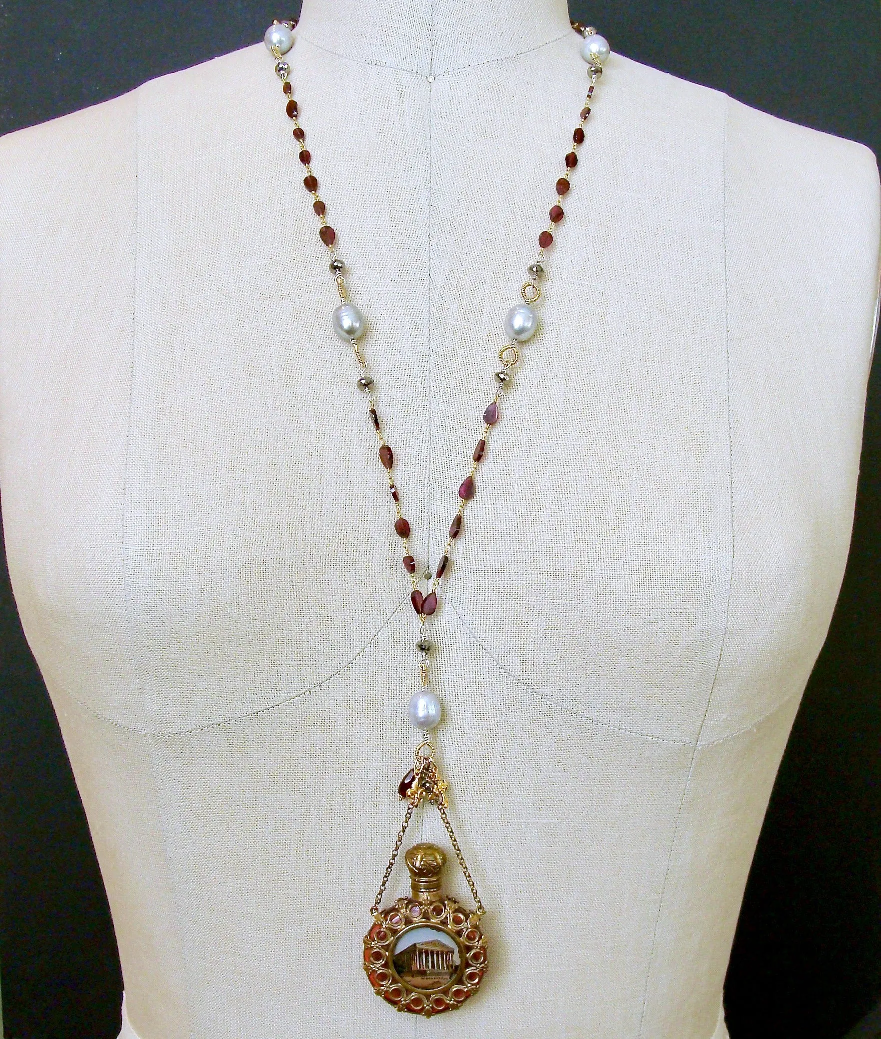 Garnet White Pyrite Baroque Gray Pearls Parisian Grand Tour Cranberry Glass Chatelaine Scent Bottle Necklace - Madeleine Necklace