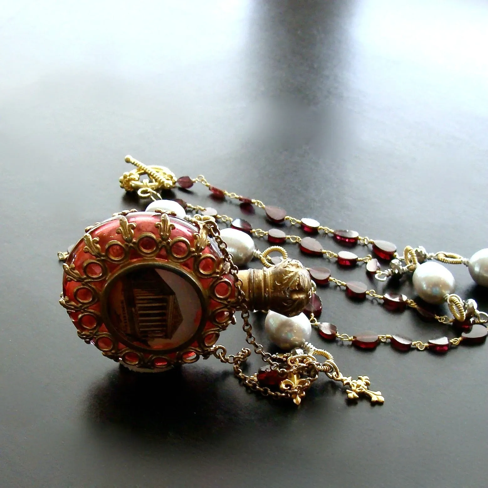 Garnet White Pyrite Baroque Gray Pearls Parisian Grand Tour Cranberry Glass Chatelaine Scent Bottle Necklace - Madeleine Necklace