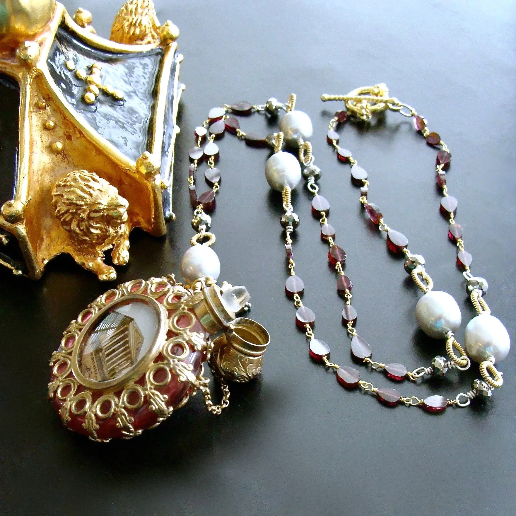Garnet White Pyrite Baroque Gray Pearls Parisian Grand Tour Cranberry Glass Chatelaine Scent Bottle Necklace - Madeleine Necklace