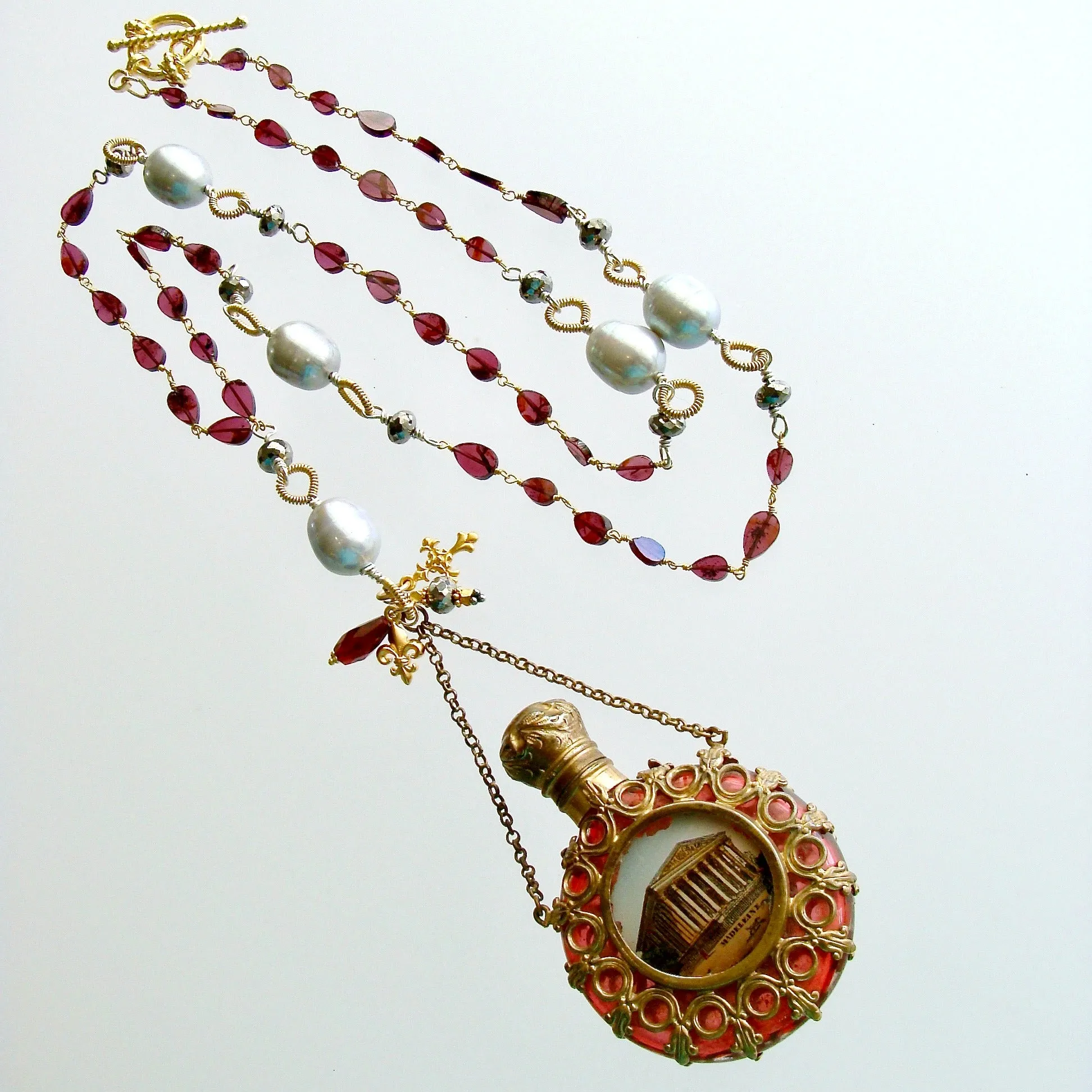Garnet White Pyrite Baroque Gray Pearls Parisian Grand Tour Cranberry Glass Chatelaine Scent Bottle Necklace - Madeleine Necklace