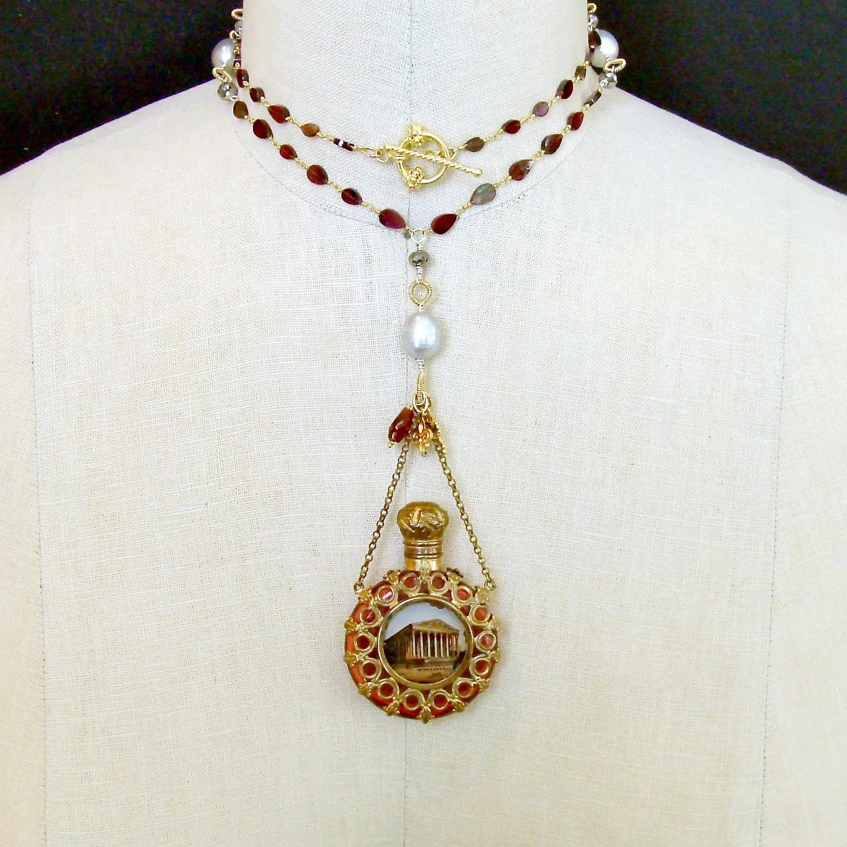 Garnet White Pyrite Baroque Gray Pearls Parisian Grand Tour Cranberry Glass Chatelaine Scent Bottle Necklace - Madeleine Necklace