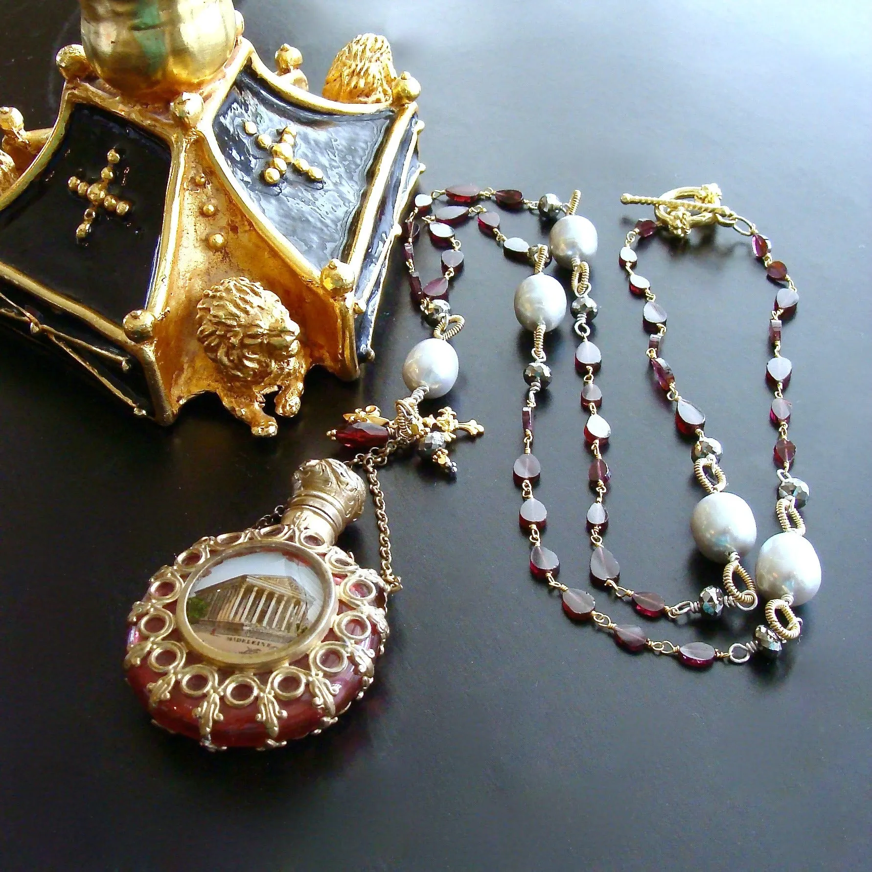 Garnet White Pyrite Baroque Gray Pearls Parisian Grand Tour Cranberry Glass Chatelaine Scent Bottle Necklace - Madeleine Necklace