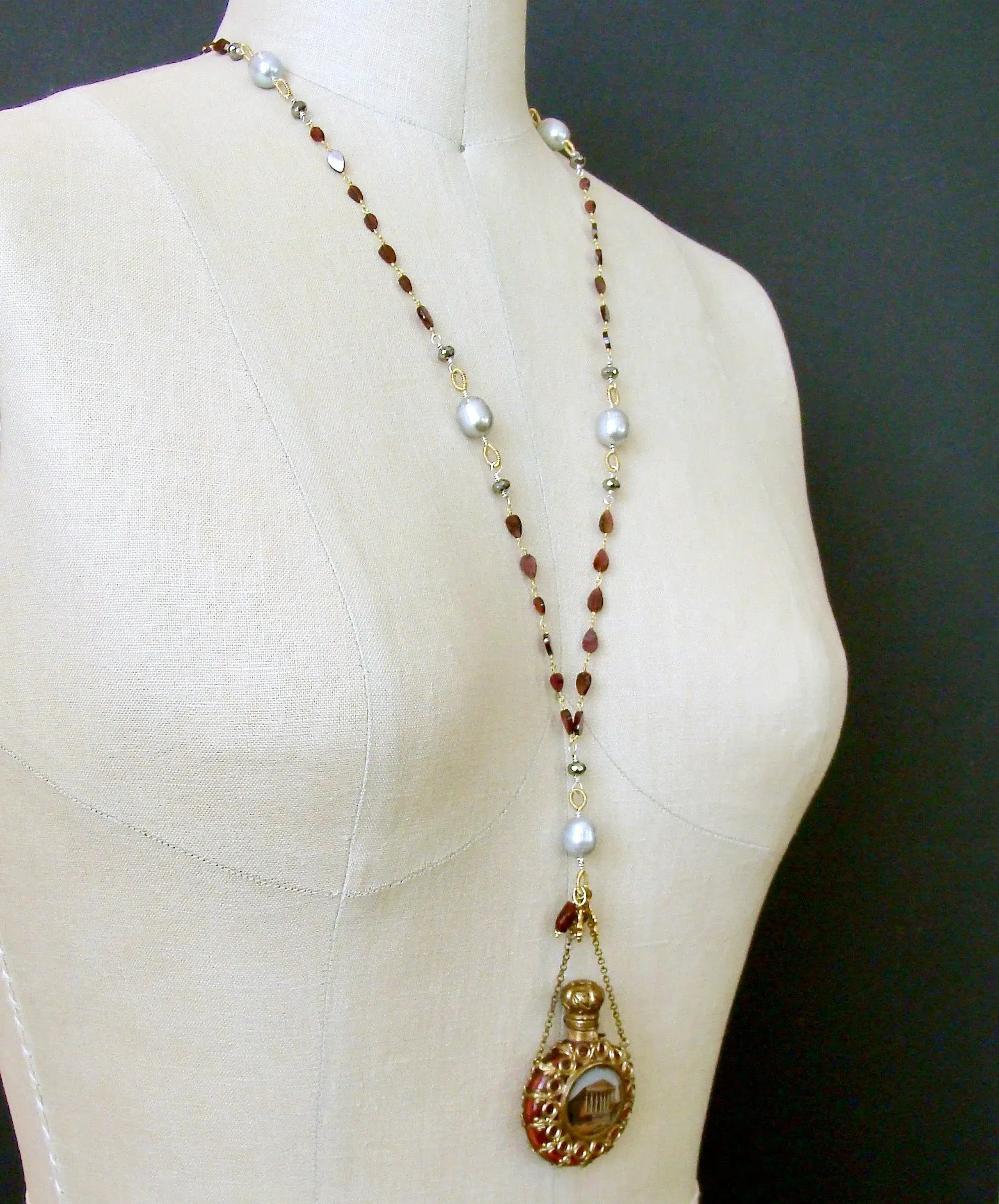 Garnet White Pyrite Baroque Gray Pearls Parisian Grand Tour Cranberry Glass Chatelaine Scent Bottle Necklace - Madeleine Necklace