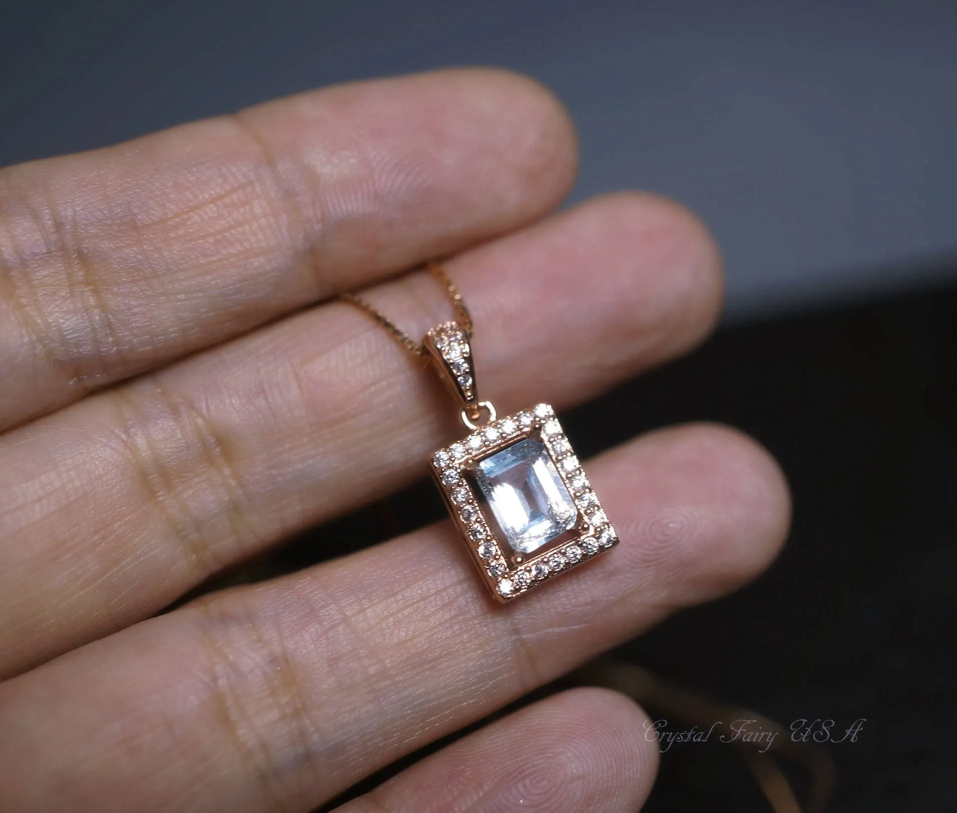 Genuine Rectangle Topaz Necklace, Rose Gold  Minimalist Sterling Silver Box Chain Solitaire Natural Topaz Pendant
