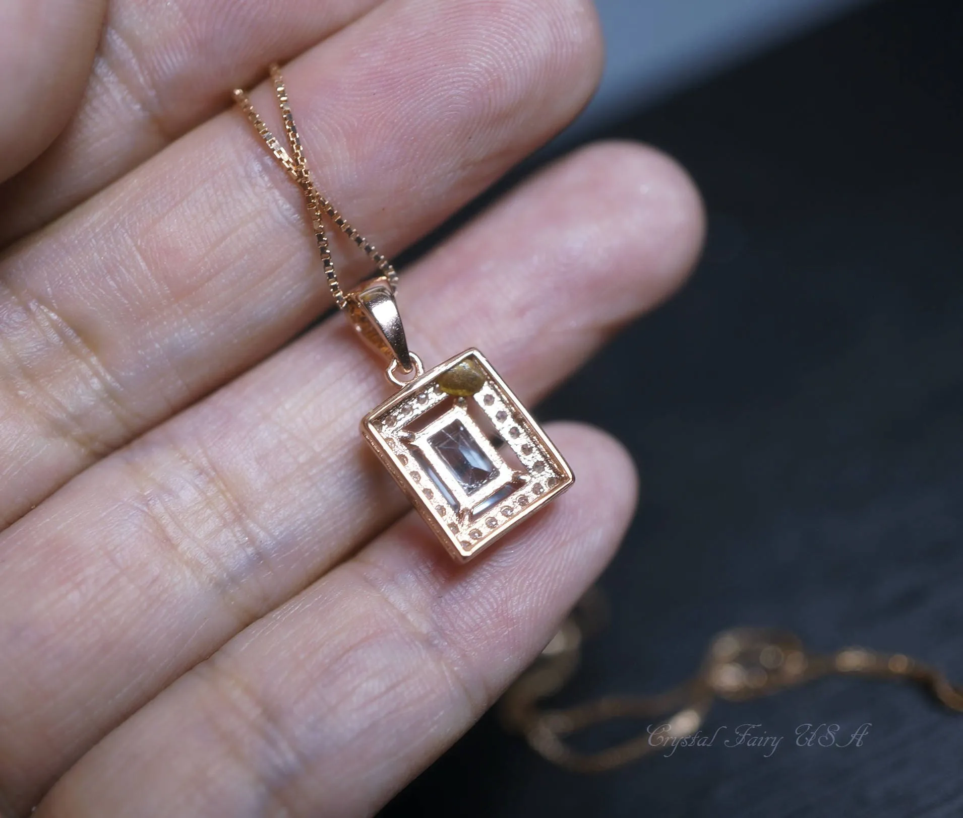 Genuine Rectangle Topaz Necklace, Rose Gold  Minimalist Sterling Silver Box Chain Solitaire Natural Topaz Pendant