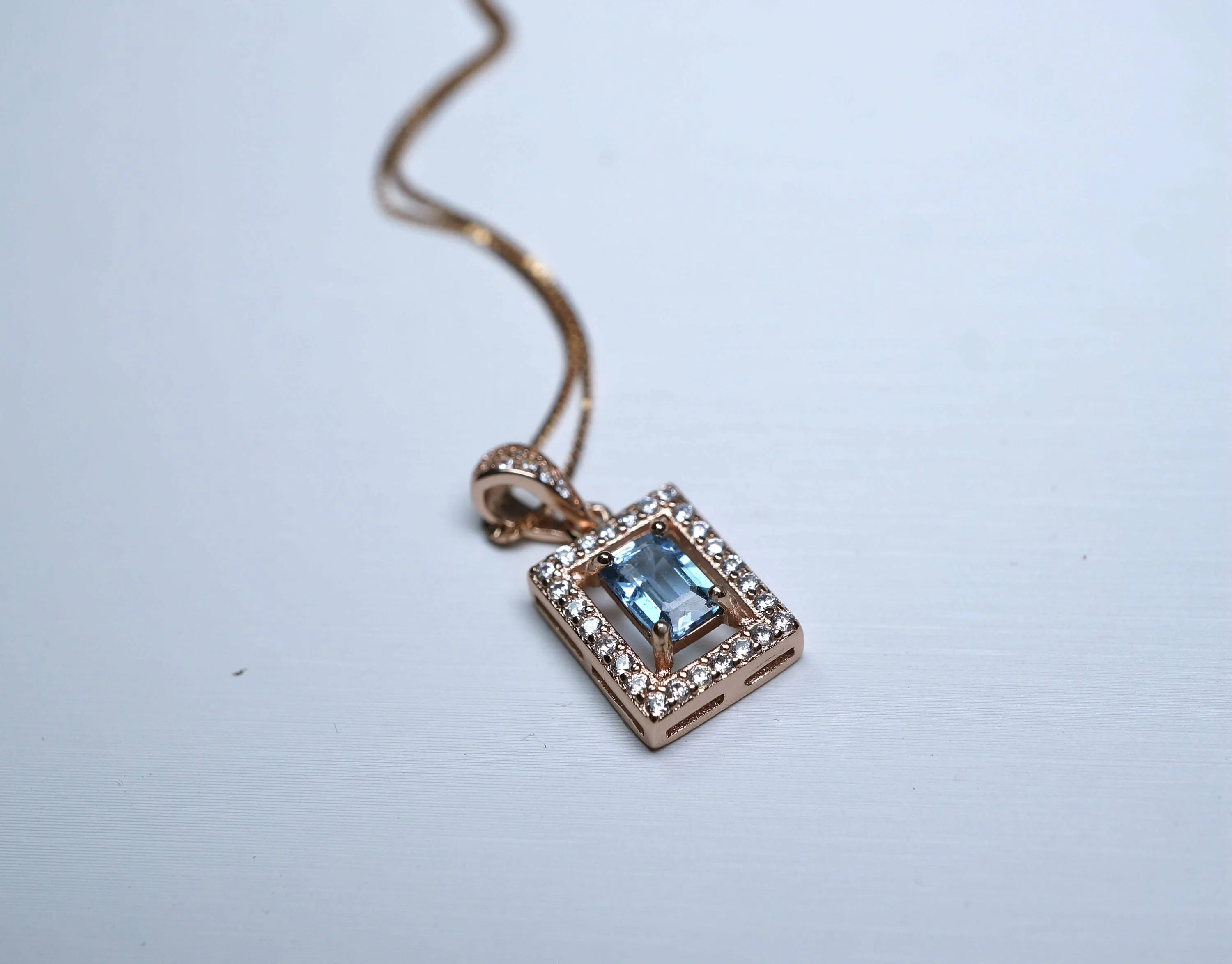 Genuine Rectangle Topaz Necklace, Rose Gold  Minimalist Sterling Silver Box Chain Solitaire Natural Topaz Pendant
