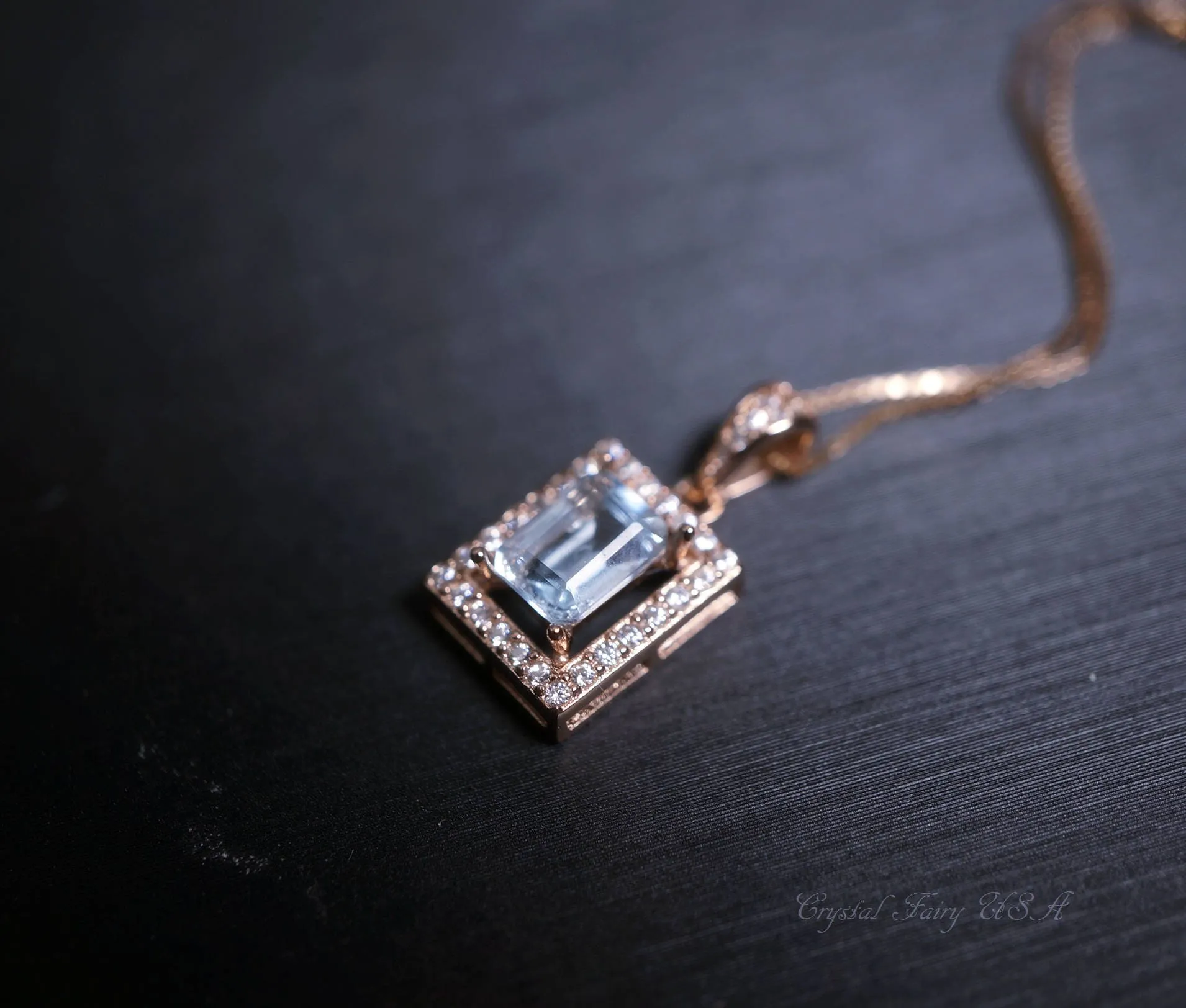 Genuine Rectangle Topaz Necklace, Rose Gold  Minimalist Sterling Silver Box Chain Solitaire Natural Topaz Pendant