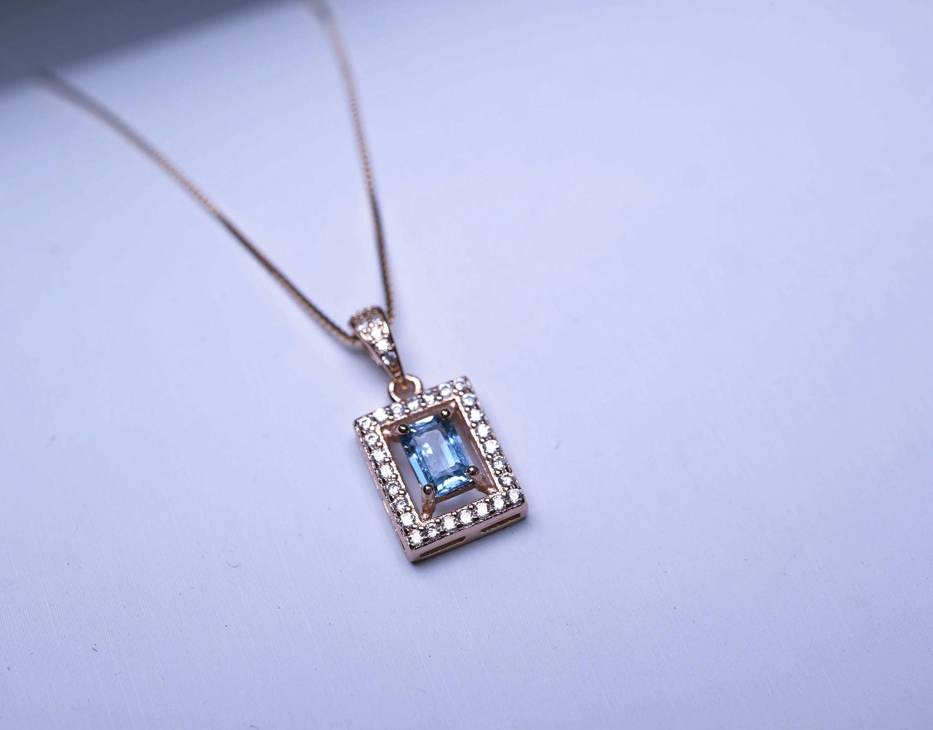 Genuine Rectangle Topaz Necklace, Rose Gold  Minimalist Sterling Silver Box Chain Solitaire Natural Topaz Pendant
