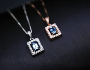 Genuine Rectangle Topaz Necklace, Rose Gold  Minimalist Sterling Silver Box Chain Solitaire Natural Topaz Pendant