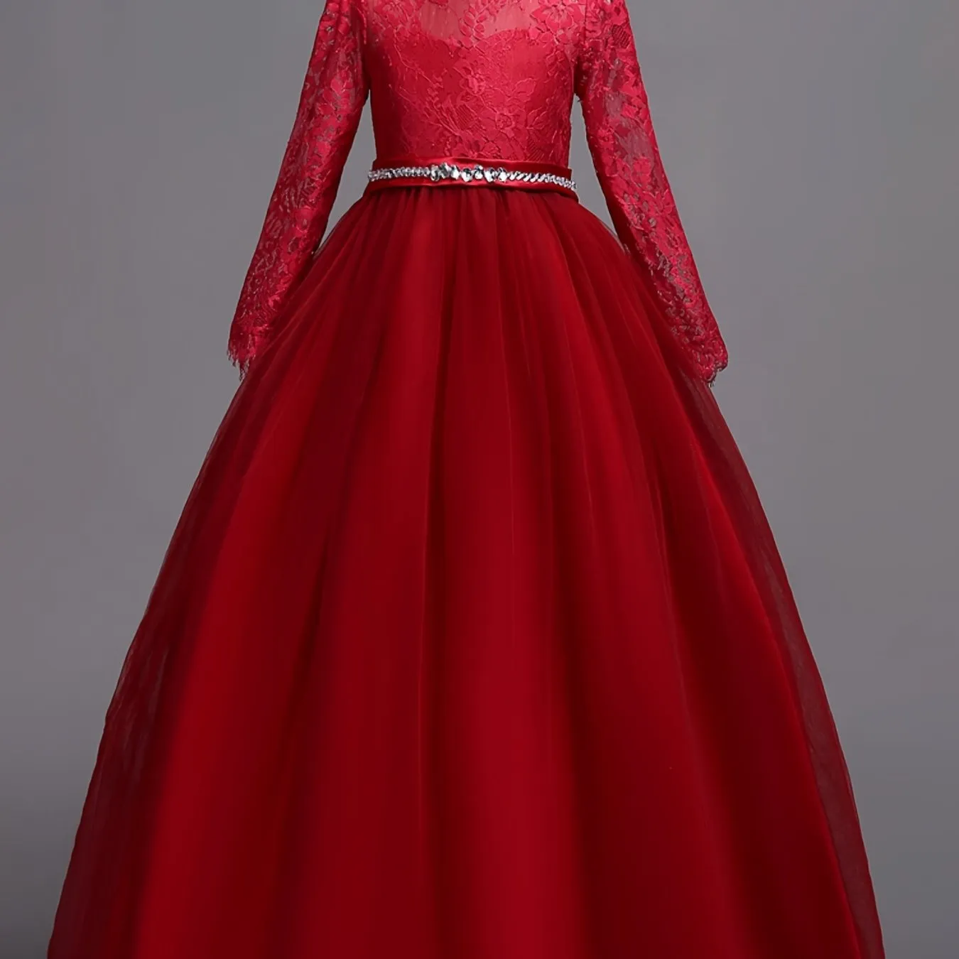 Girls' Elegant Lace Long Sleeve Dress
