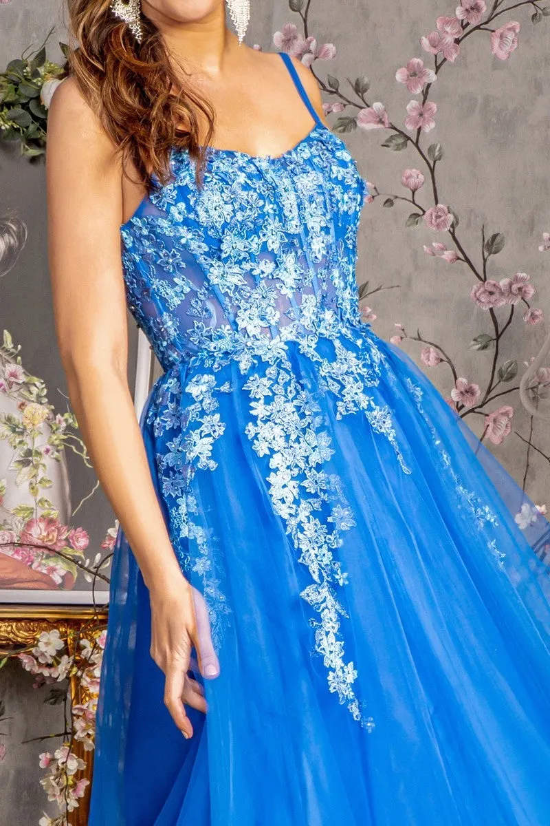 GL 3309 - 3D Floral Lace Detailed A-Line Prom Gown with Sheer Boned Bodice & Lace Up Corset Back