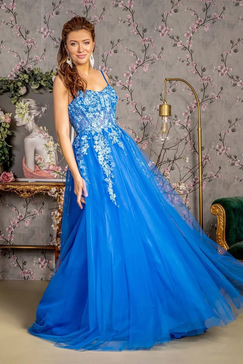 GL 3309 - 3D Floral Lace Detailed A-Line Prom Gown with Sheer Boned Bodice & Lace Up Corset Back