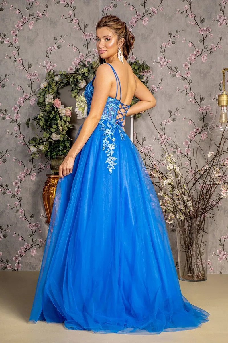 GL 3309 - 3D Floral Lace Detailed A-Line Prom Gown with Sheer Boned Bodice & Lace Up Corset Back