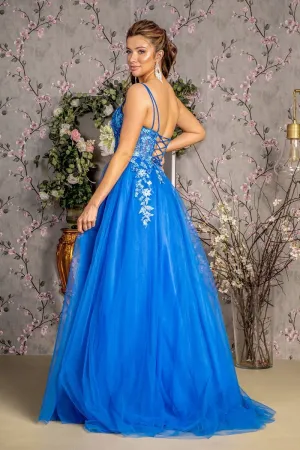 GL 3309 - 3D Floral Lace Detailed A-Line Prom Gown with Sheer Boned Bodice & Lace Up Corset Back